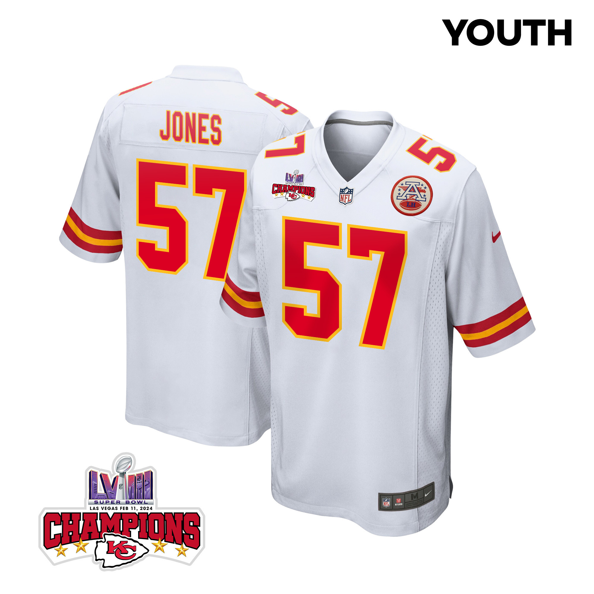 Truman Jones 57 Kansas City Chiefs Super Bowl Lviii Champions 4 Stars Patch Game Youth Jersey - White Js5572