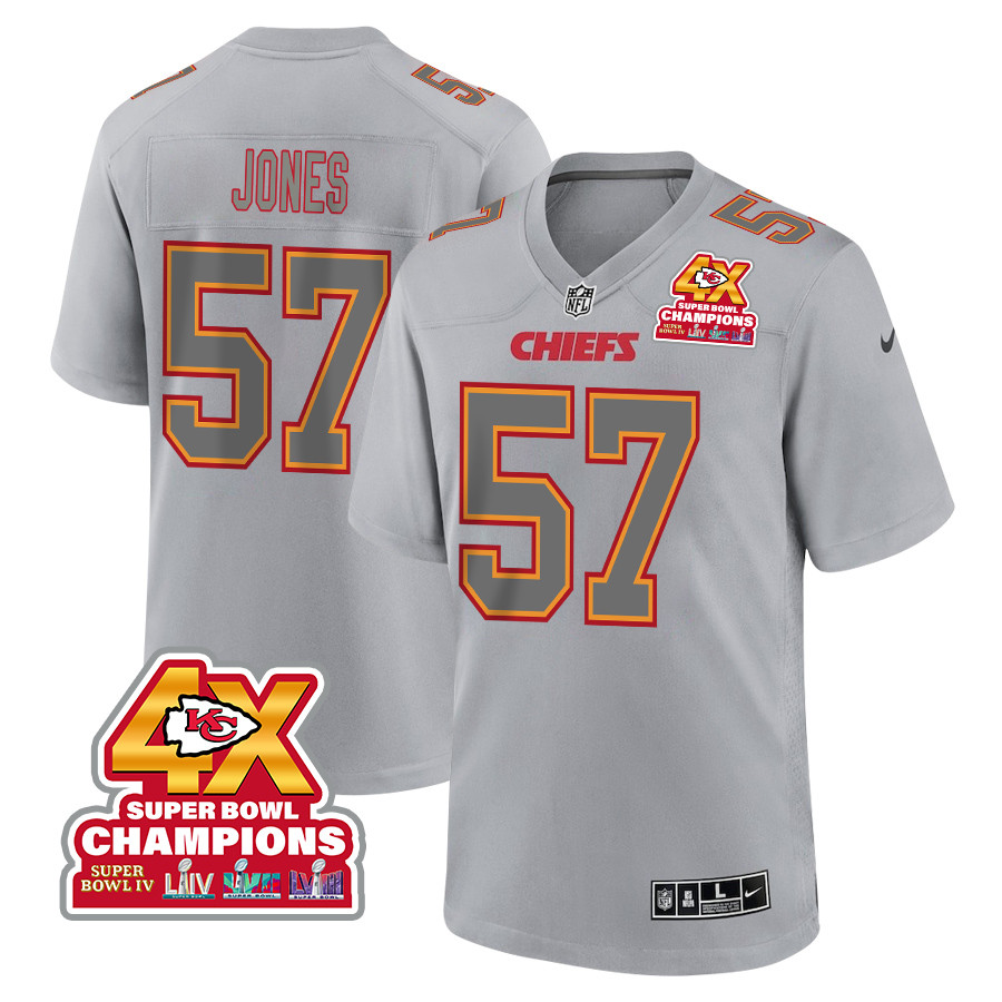 Truman Jones 57 Kansas City Chiefs Super Bowl Lviii Champions 4x Atmosphere Fashion Game Men Jersey - Gray Js3291