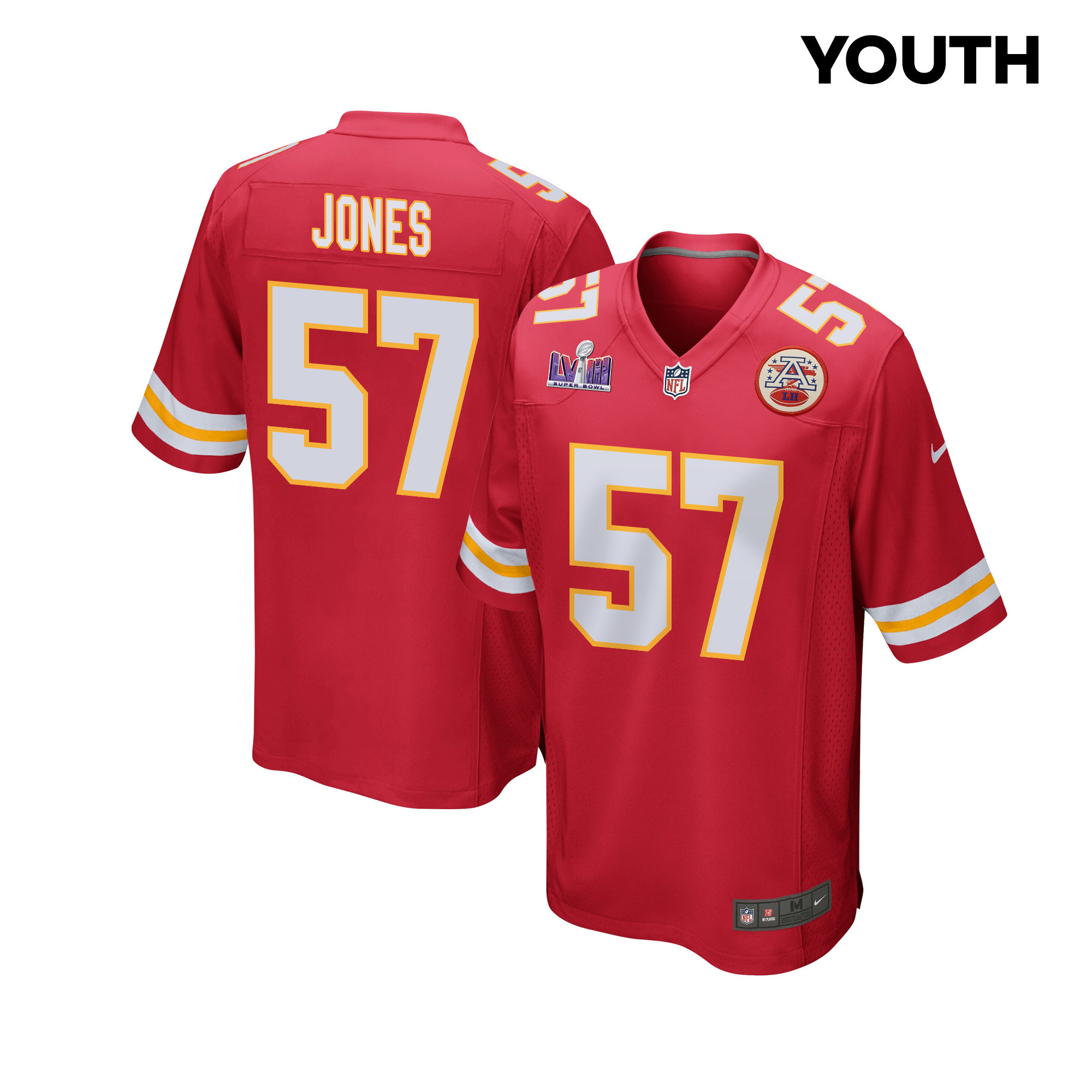 Truman Jones 57 Kansas City Chiefs Super Bowl Lviii Patch Game Youth Jersey - Red Js4485