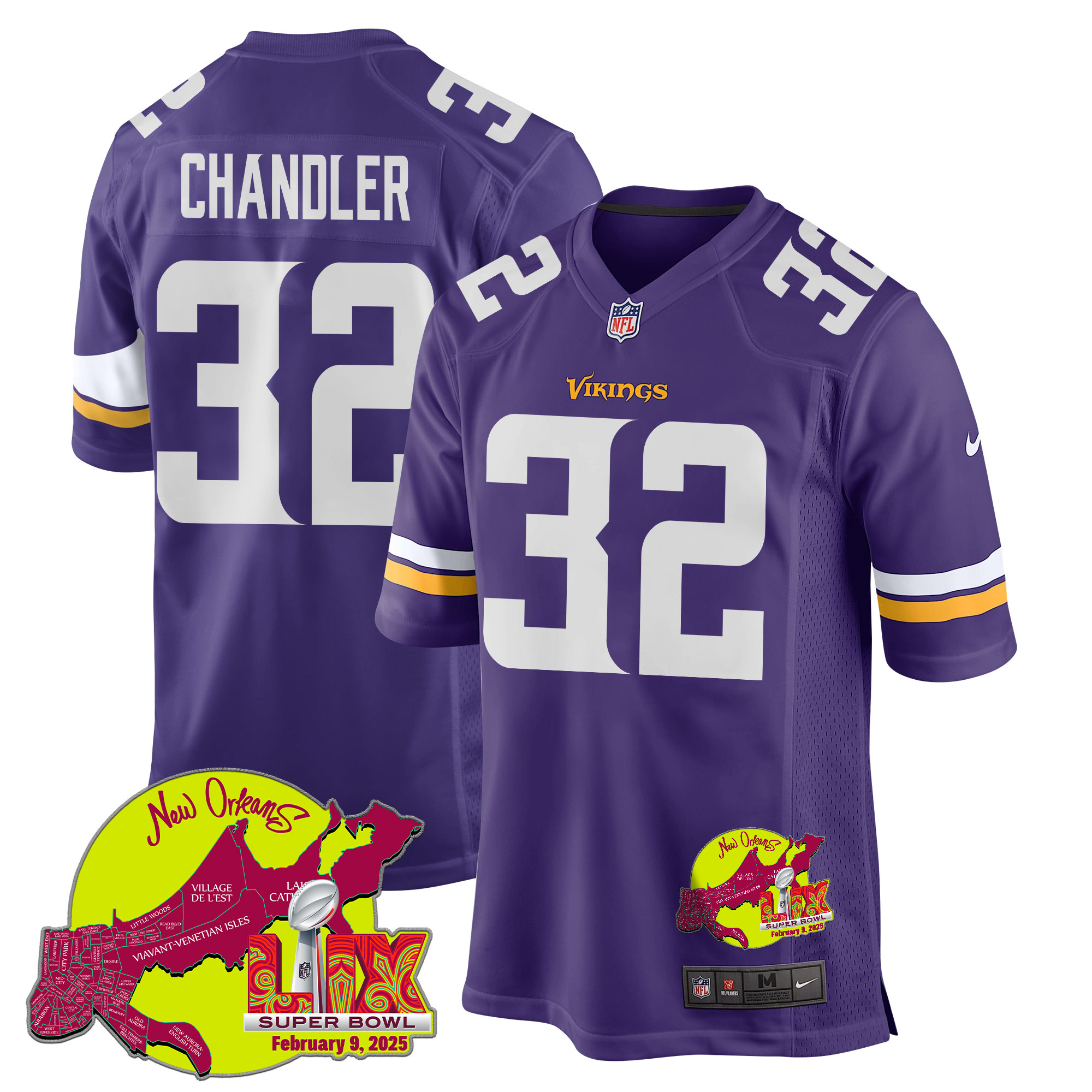 Ty Chandler 32 Minnesota Vikings Super Bowl Lix New Orleans Patch Game Men Jersey - Purple Js2676
