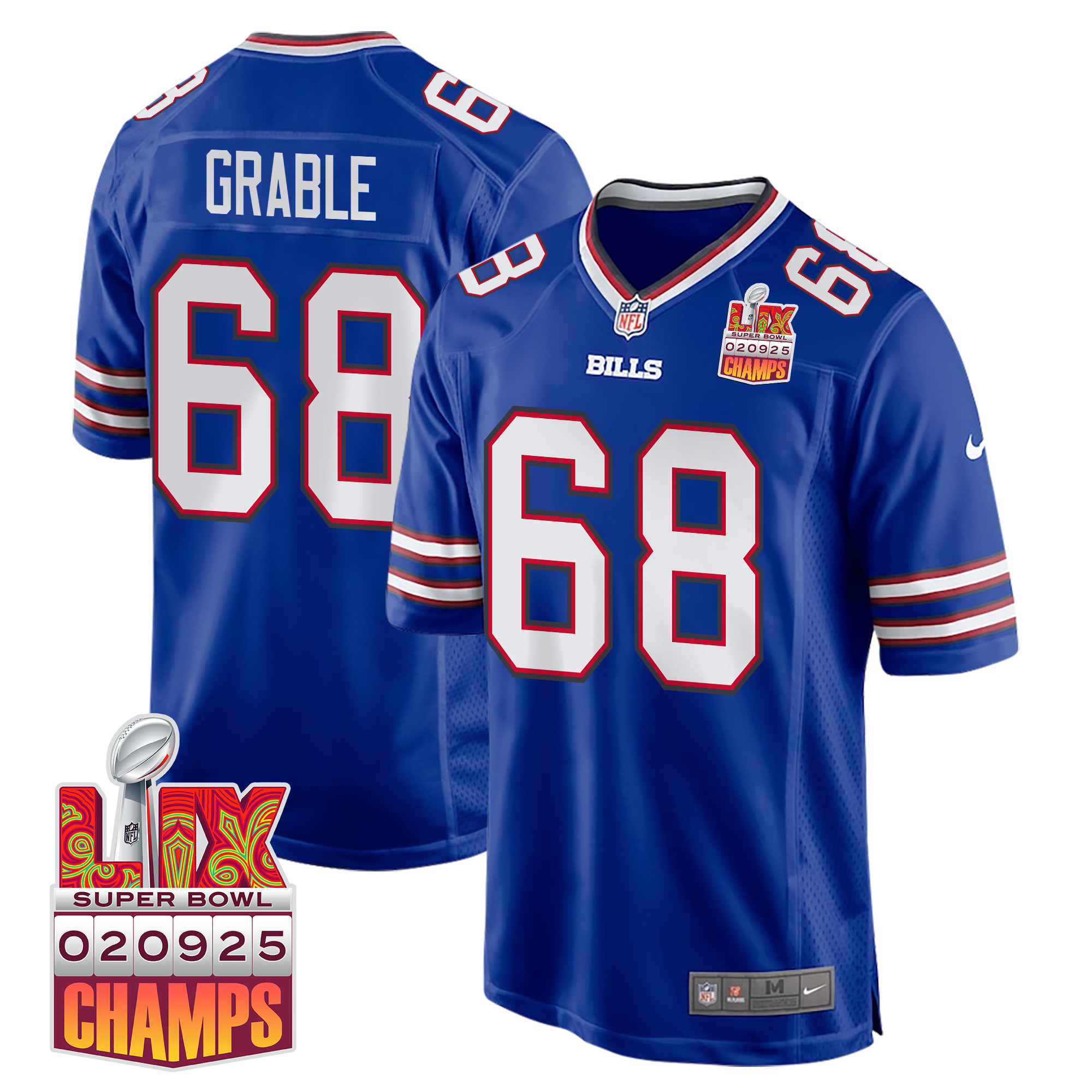 Tylan Grable 68 Buffalo Bills Super Bowl Lix Champions Patch Game Men Jersey - Royal Js1933