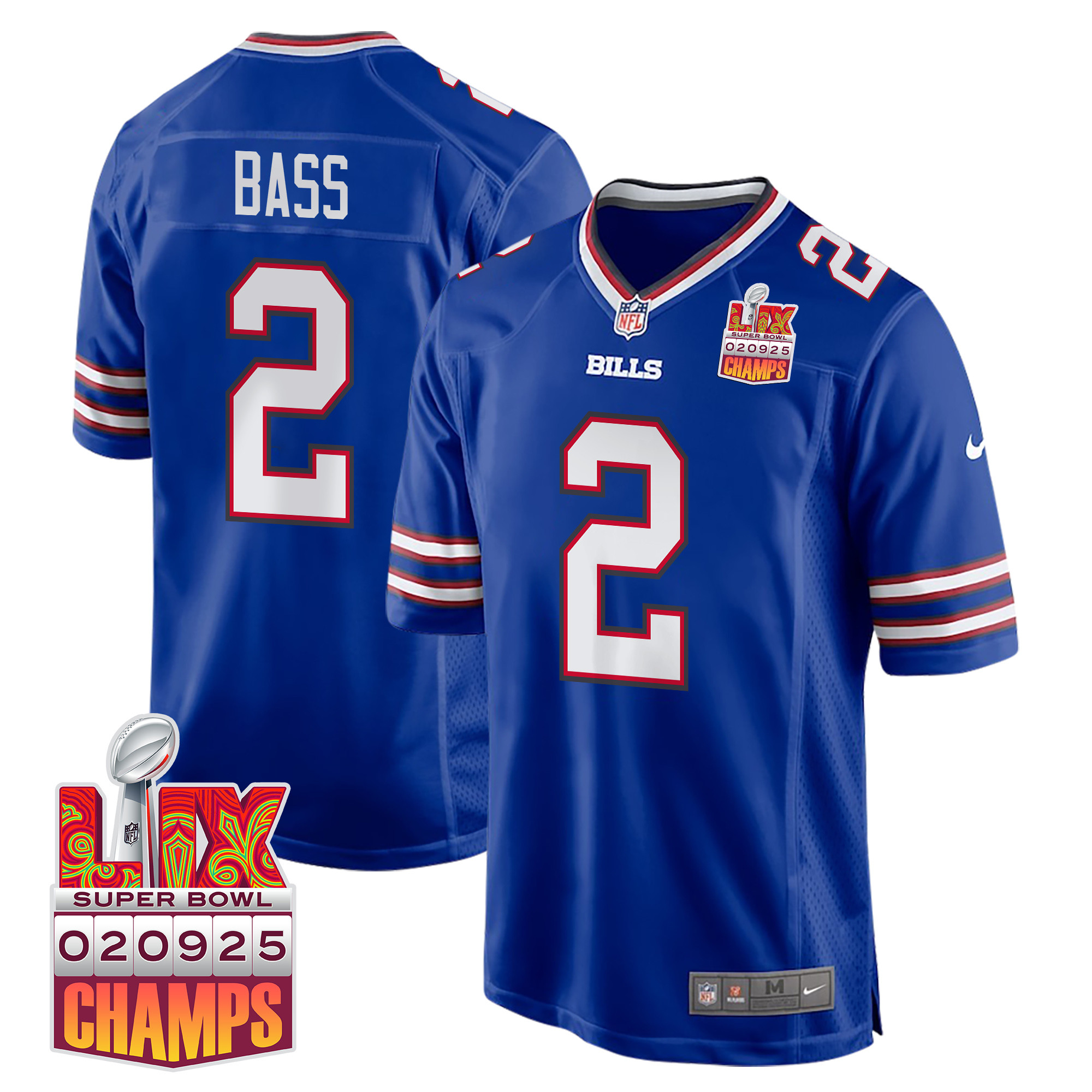 Tyler Bass 2 Buffalo Bills Super Bowl Lix Champions Patch Game Men Jersey - Royal Js6828