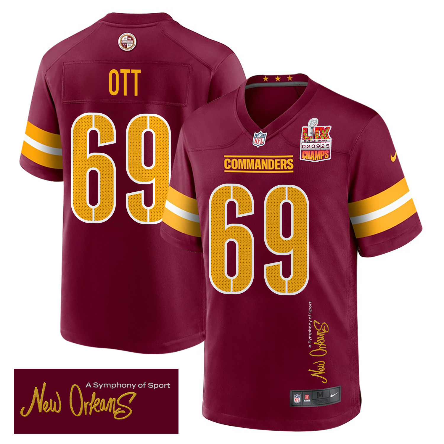 Tyler Ott 69 Washington Commanders Super Bowl Lix Champions Patch 'new Orleans - A Symphony Of Sport' Embroidered Game Men Jersey - Burgundy Js2527