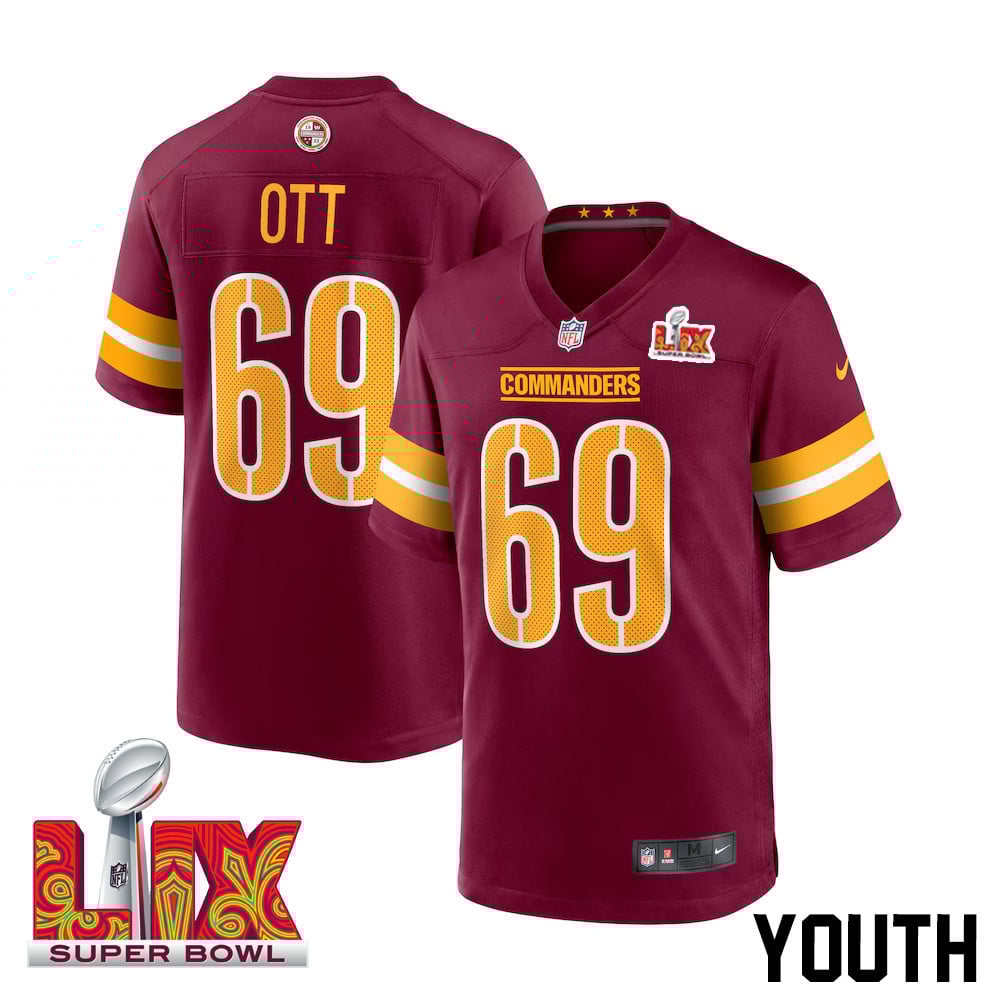 Tyler Ott #69 Washington Commanders Super Bowl Lix Youth Jersey - Burgundy Js9144