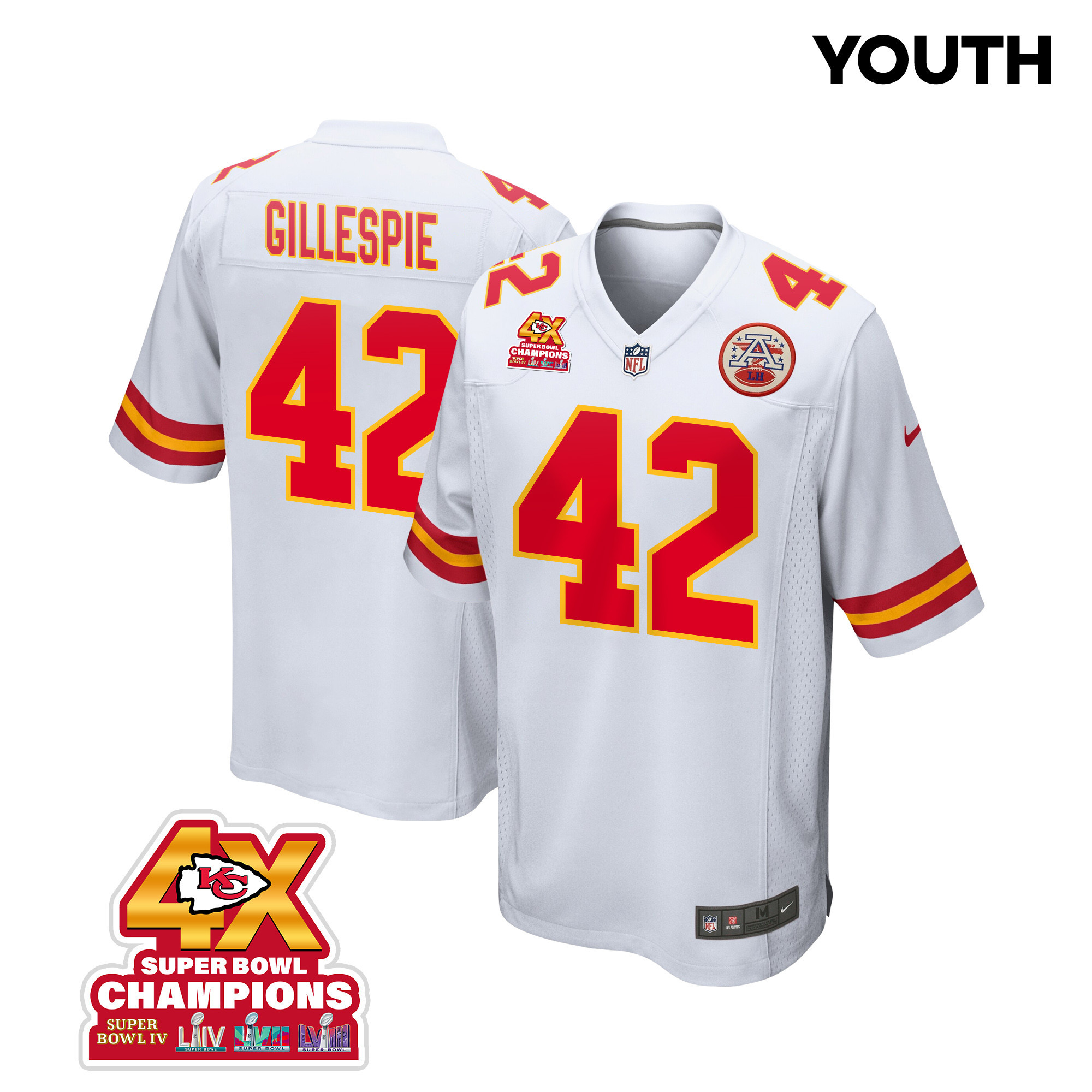 Tyree Gillespie 42 Kansas City Chiefs Super Bowl Lviii Champions 4x Game Youth Jersey - White Js8846