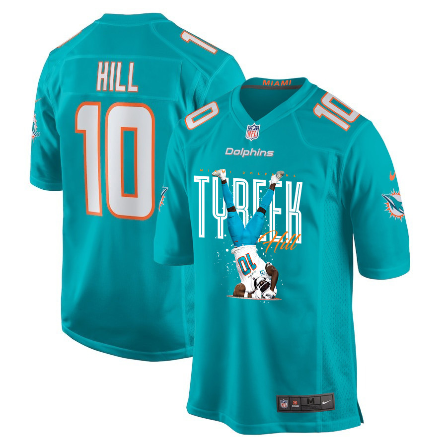 Tyreek Hill 10 Miami Dolphins Celebrating Game Men Jersey - Aqua Js5955