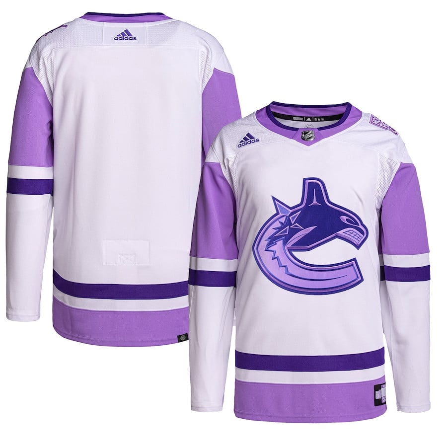 Vancouver Canucks Hockey Fights Cancer Primegreen Men Jersey - White/purple