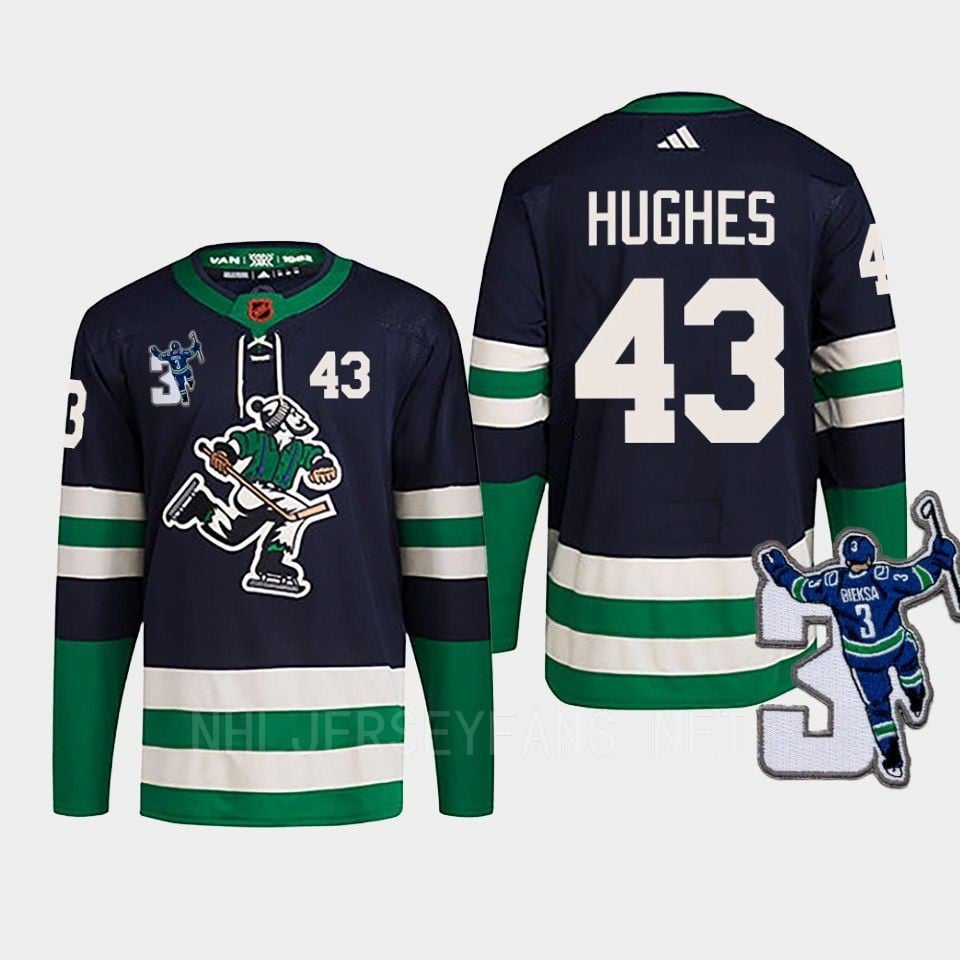 Vancouver Canucks Quinn Hughes 43 Navy Reverse Retro 2.0 Kevin Bieska Patch Jersey