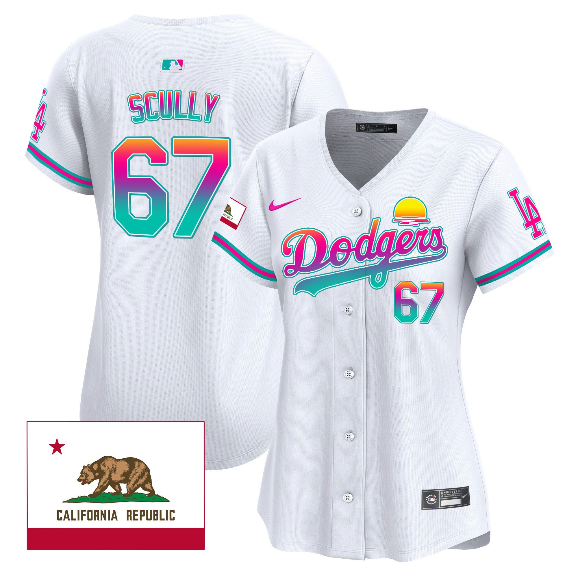 Vin Scully 67 Los Angeles Dodgers 2024 Los Angeles City Style California Republic Patch Women Jersey - White