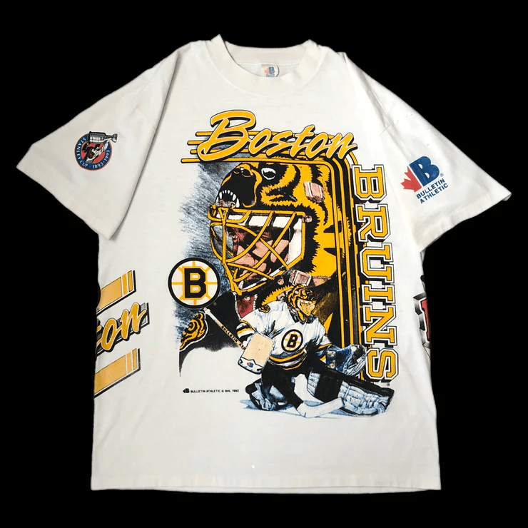 Vintage 1992 Boston Bruins Bulletin Athletic All Over Print T-shirt - White