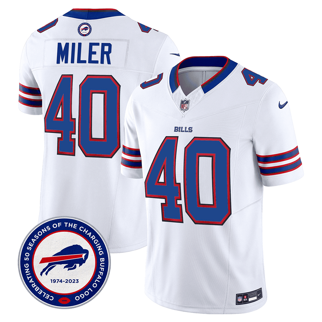 Von Miller 40 Buffalo Bills 50th Charging Logo Patch Game Men Jersey - White Js6373