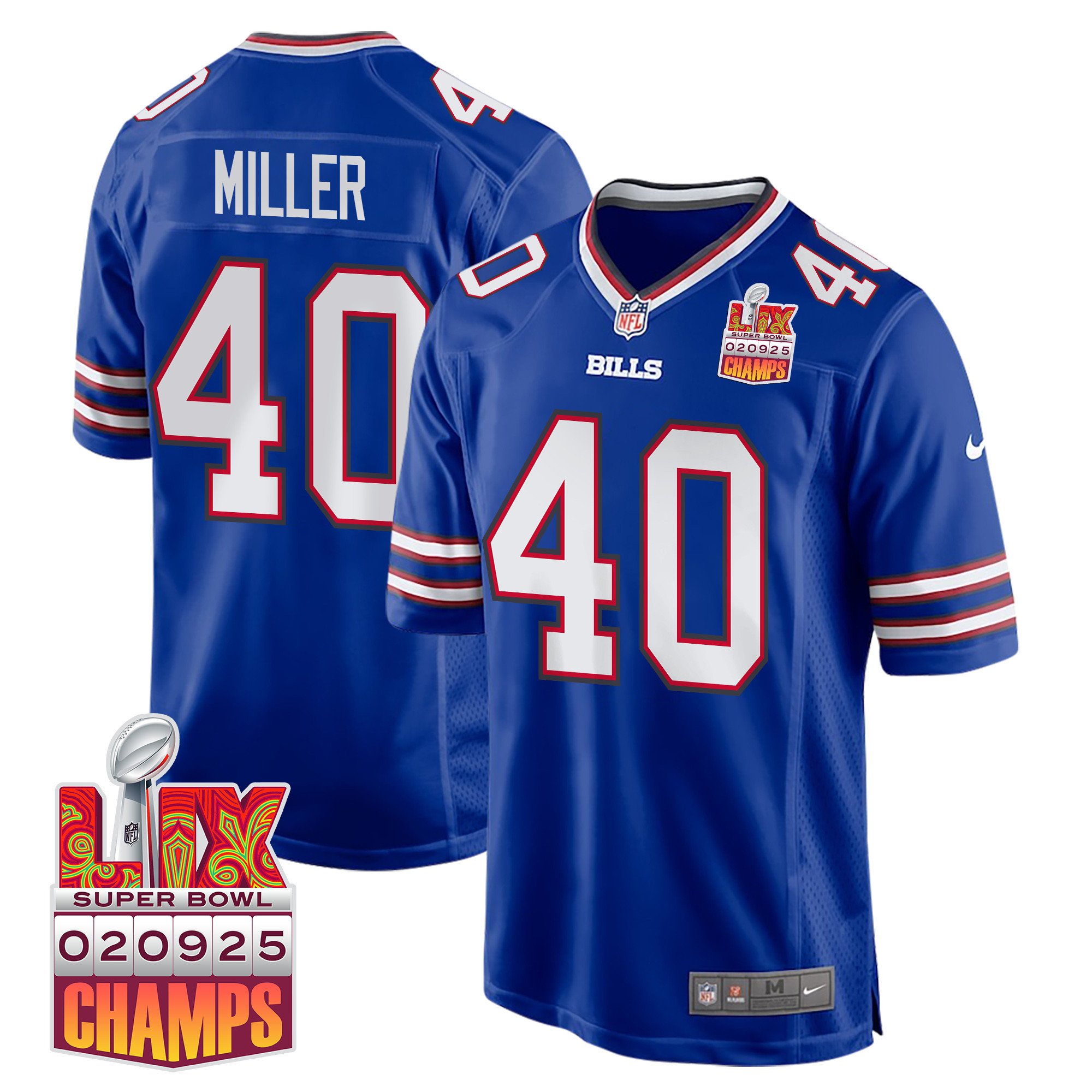 Von Miller 40 Buffalo Bills Super Bowl Lix Champions Patch Game Men Jersey - Royal Js2619