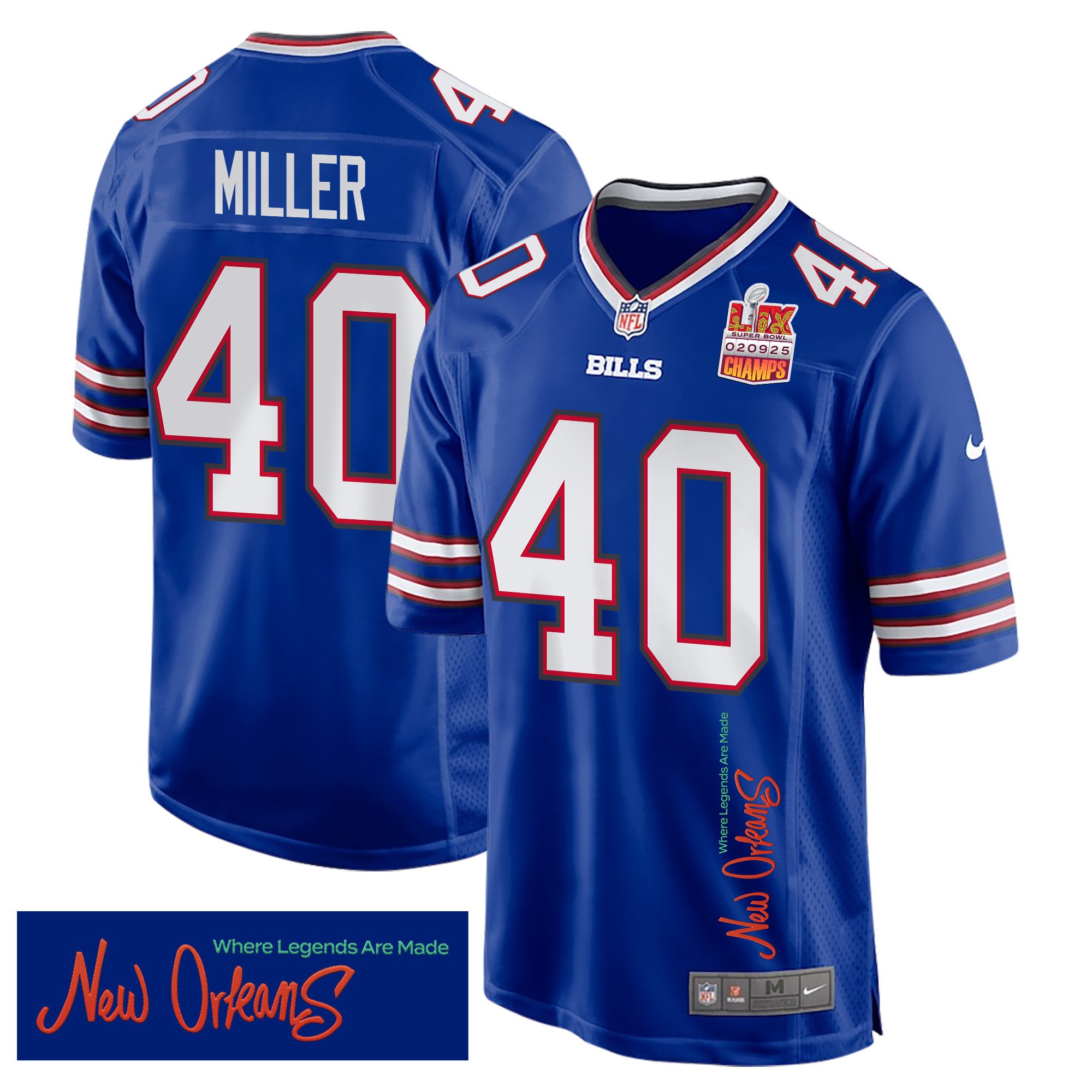 Von Miller 40 Buffalo Bills Super Bowl Lix Champions Patch 'new Orleans - Where Legends Are Made' Embroidered Game Men Jersey - Royal Js7536