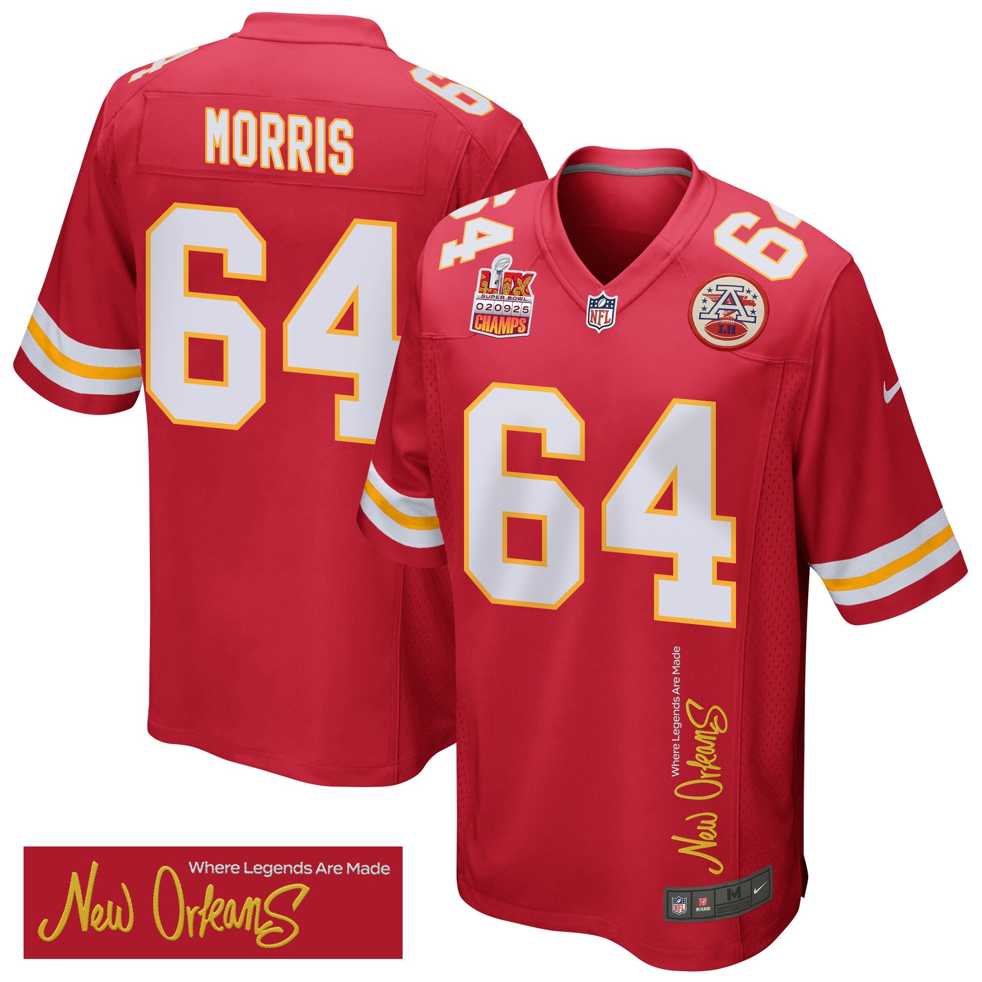 Wanya Morris 64 Kansas City Chiefs Super Bowl Lix Champions Patch 'new Orleans - Where Legends Are Made' Embroidered Game Men Jersey - Red Js6153
