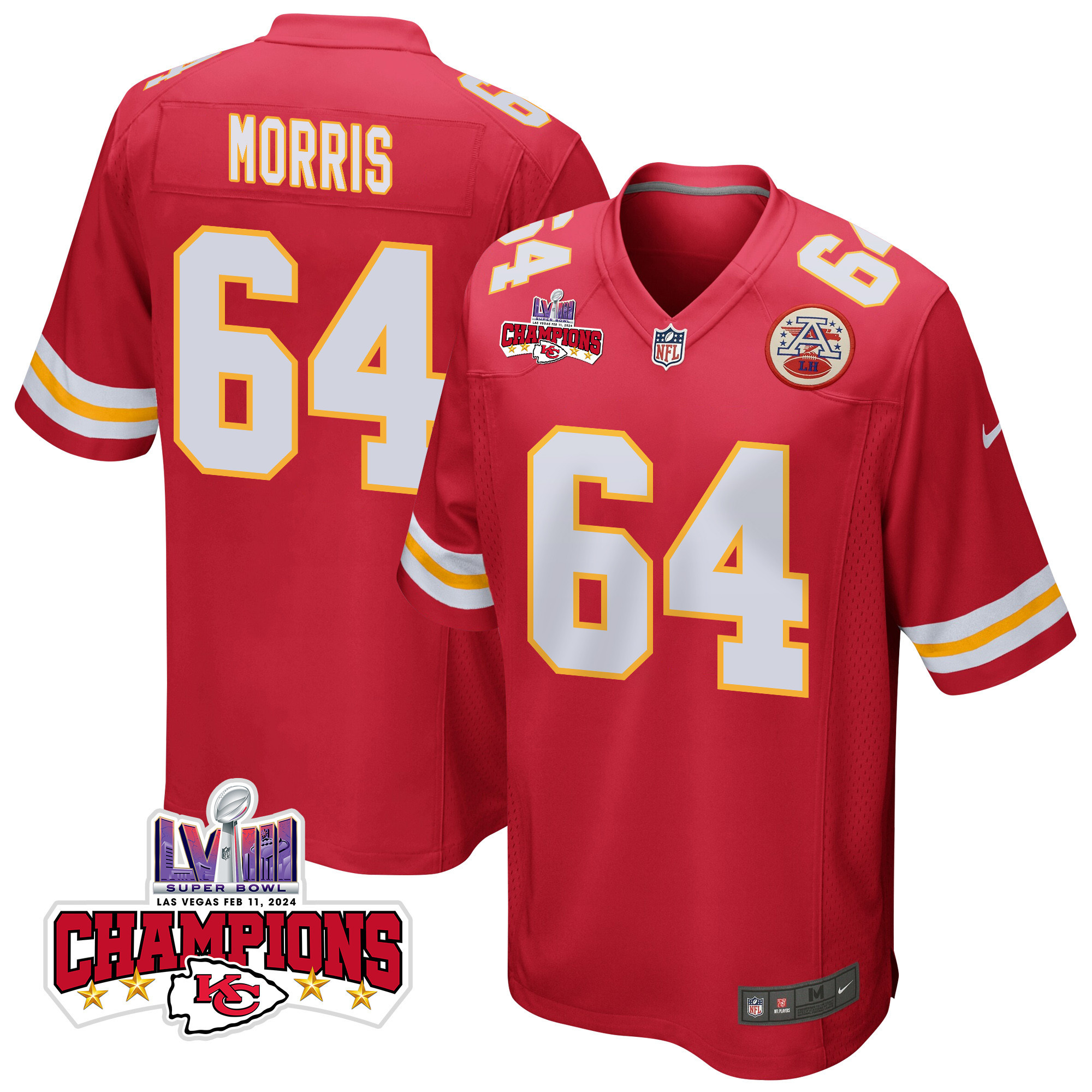 Wanya Morris 64 Kansas City Chiefs Super Bowl Lviii Champions 4 Stars Patch Game Men Jersey - Red Js9995
