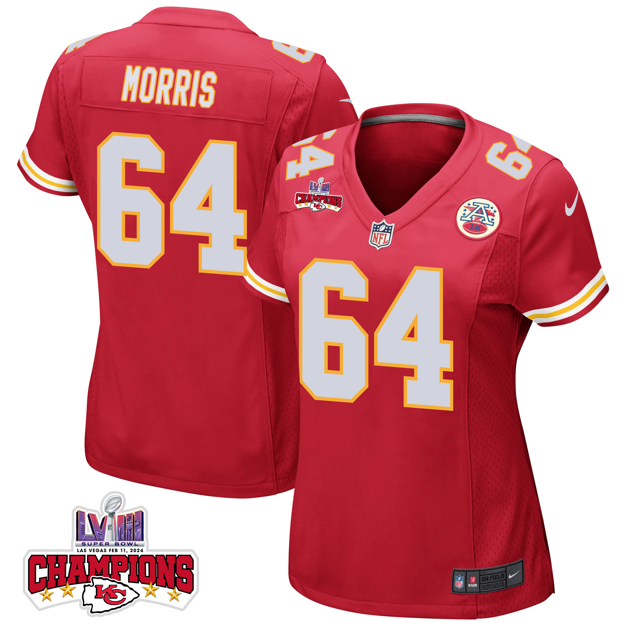 Wanya Morris 64 Kansas City Chiefs Super Bowl Lviii Champions 4 Stars Patch Game Women Jersey - Red Js1116