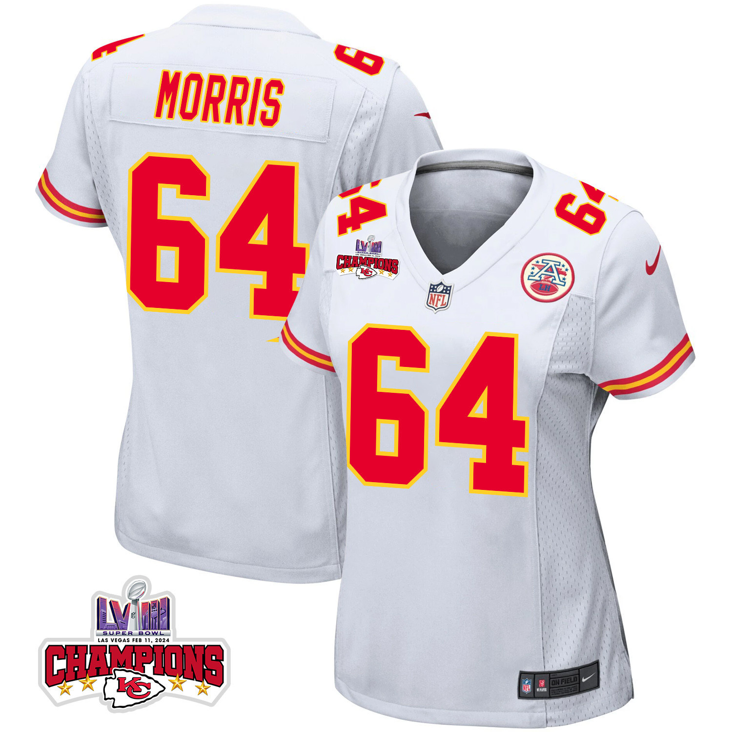 Wanya Morris 64 Kansas City Chiefs Super Bowl Lviii Champions 4 Stars Patch Game Women Jersey - White Js4363