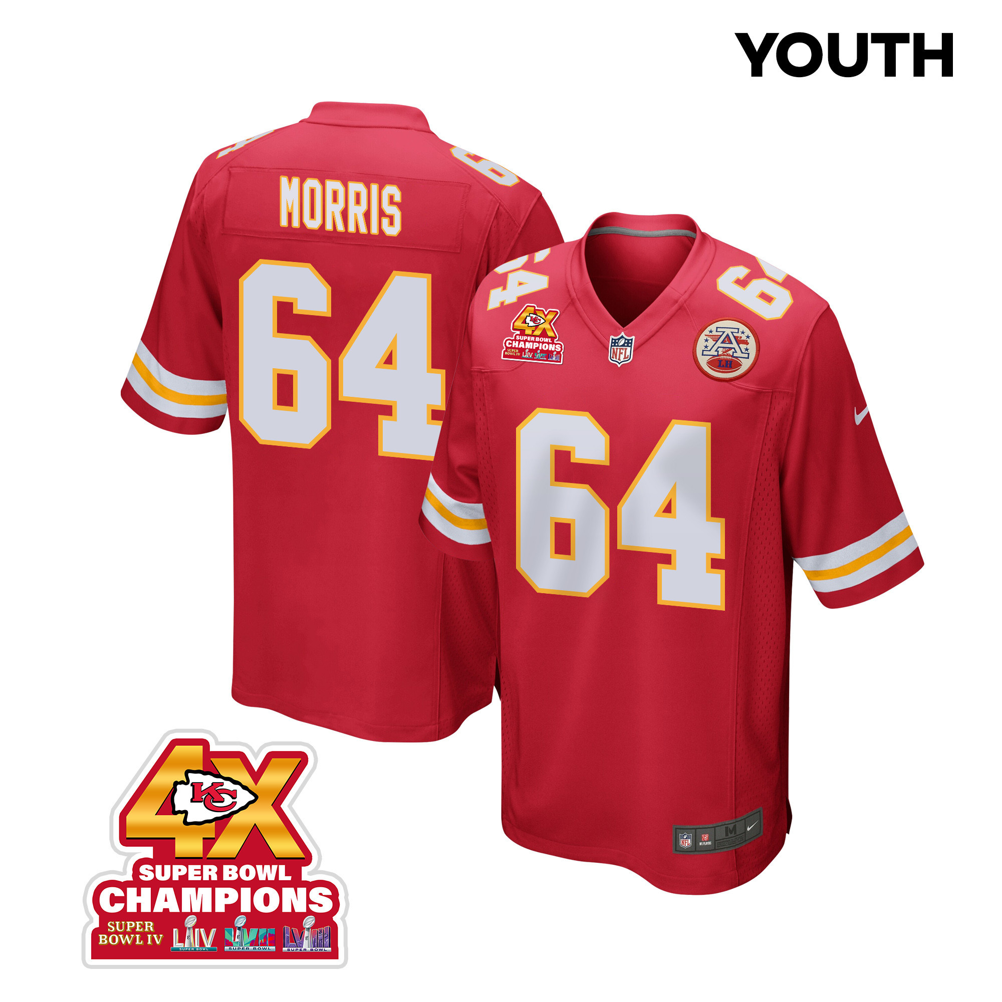 Wanya Morris 64 Kansas City Chiefs Super Bowl Lviii Champions 4x Game Youth Jersey - Red Js3234