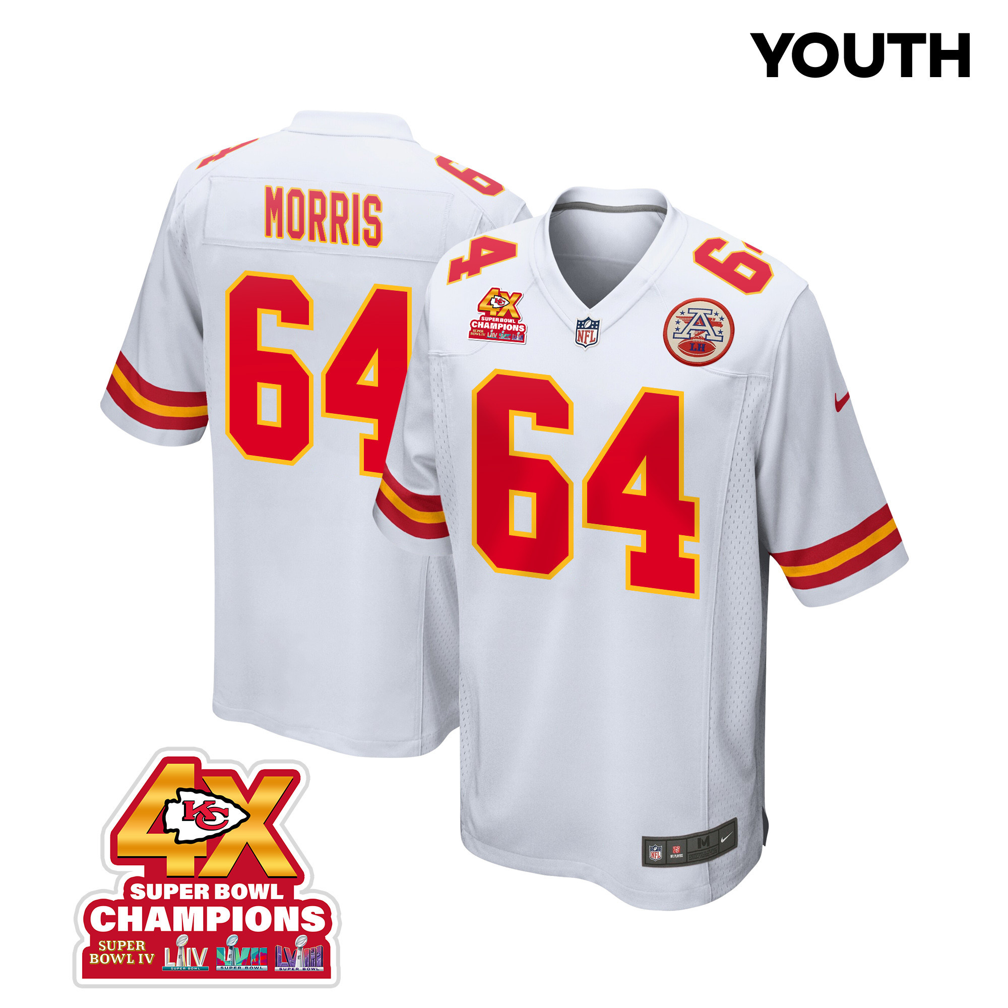 Wanya Morris 64 Kansas City Chiefs Super Bowl Lviii Champions 4x Game Youth Jersey - White Js3299