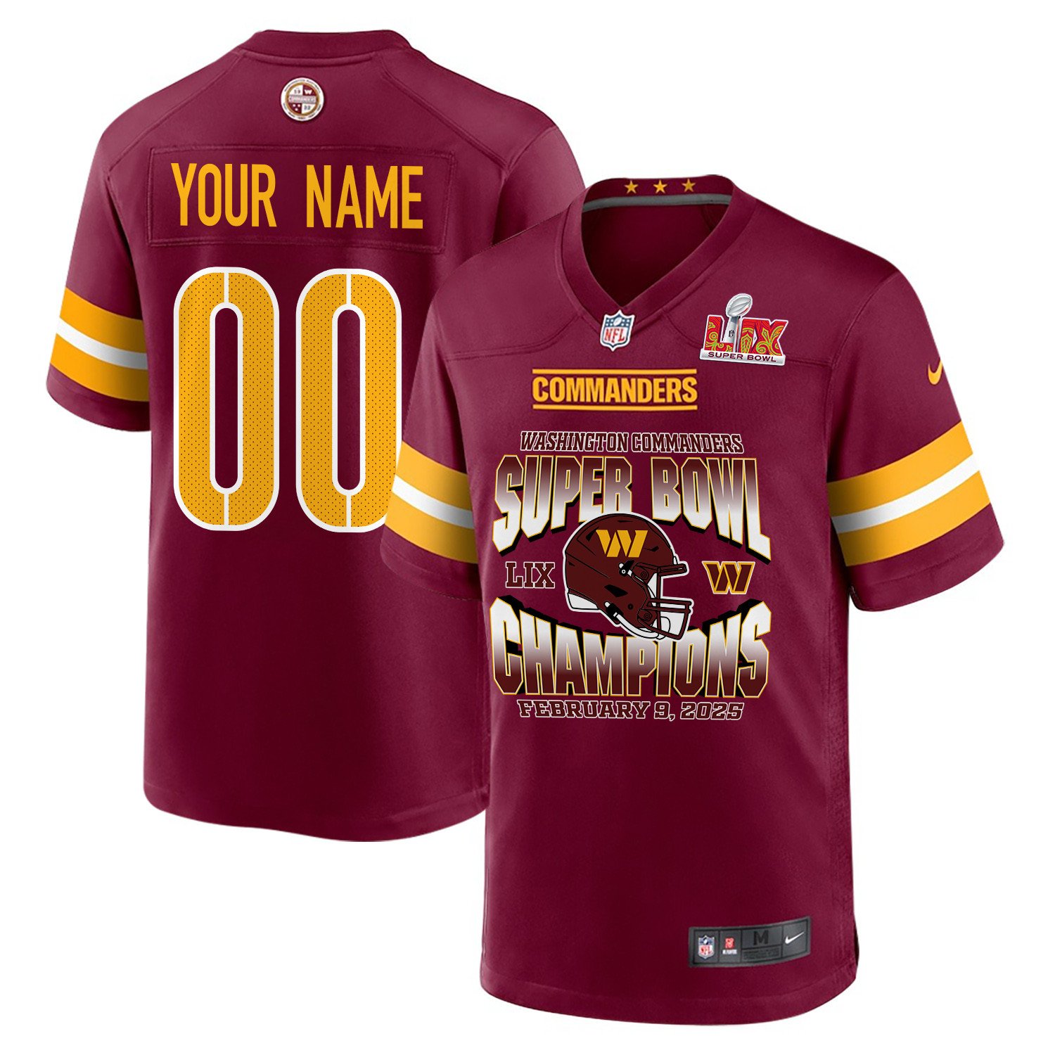Washington Commanders Super Bowl Lix Champions Helmet Game Men Custom Jersey - Burgundy Js7125