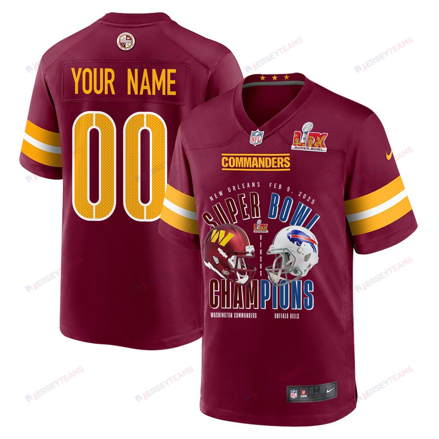 Washington Commanders Vs. Buffalo Bills Super Bowl Lix Game Men Custom Jersey - Burgundy Js4818