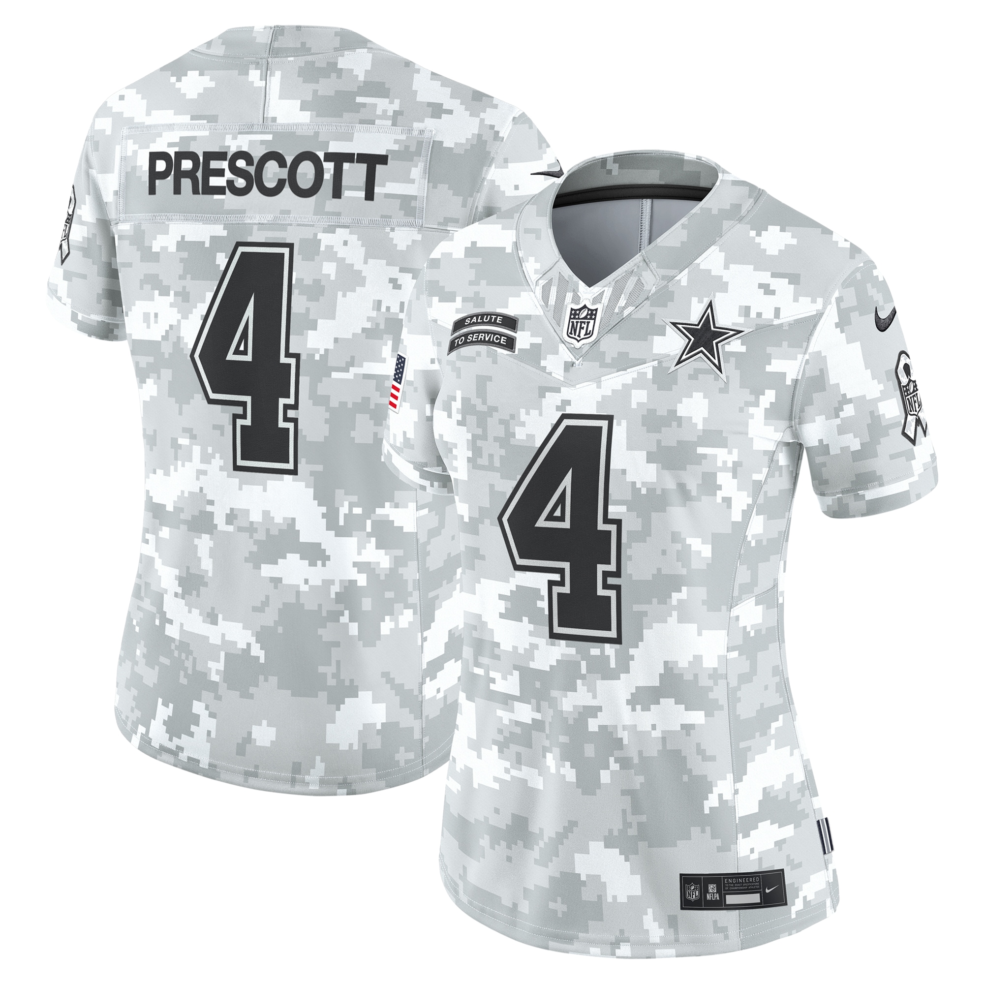 Women's Dallas Cowboys Dak Prescott Arctic Camo 2024 Salute To Service Limited Jersey Js3925