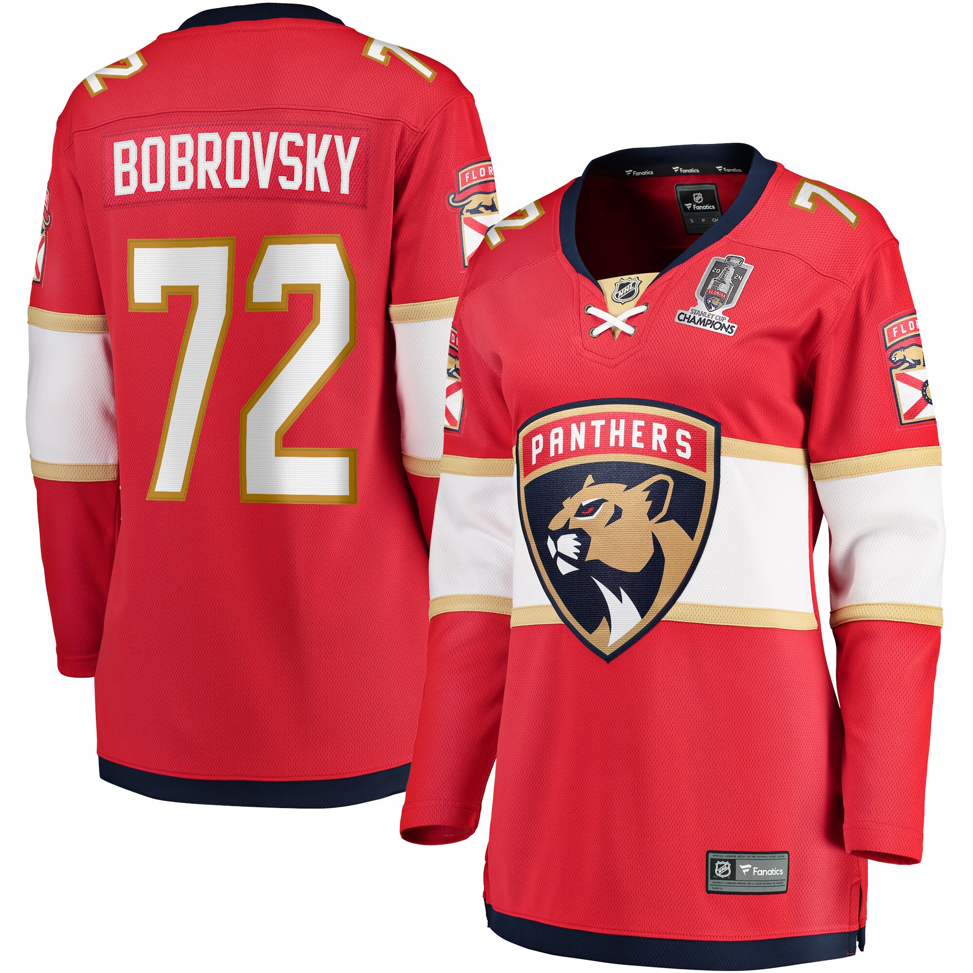 Women's Florida Panthers Sergei Bobrovsky Red Home 2024 Stanley Cup Champions Breakaway Player Jersey