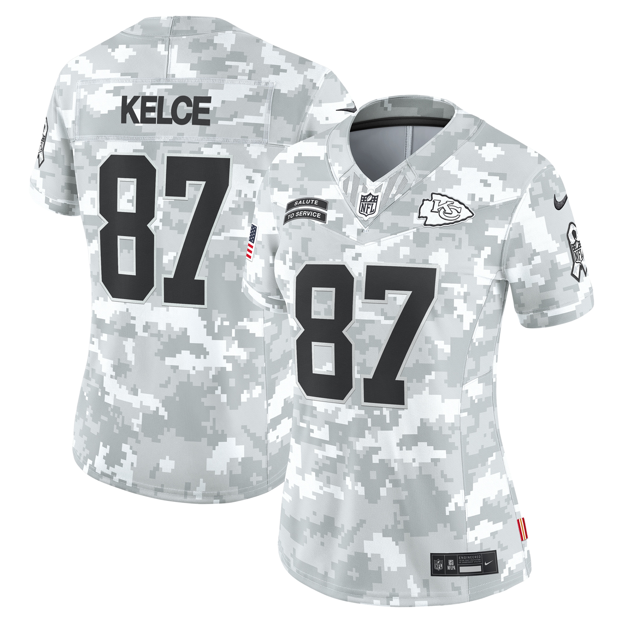 Women's Kansas City Chiefs Travis Kelce Arctic Camo 2024 Salute To Service Limited Jersey Js2775