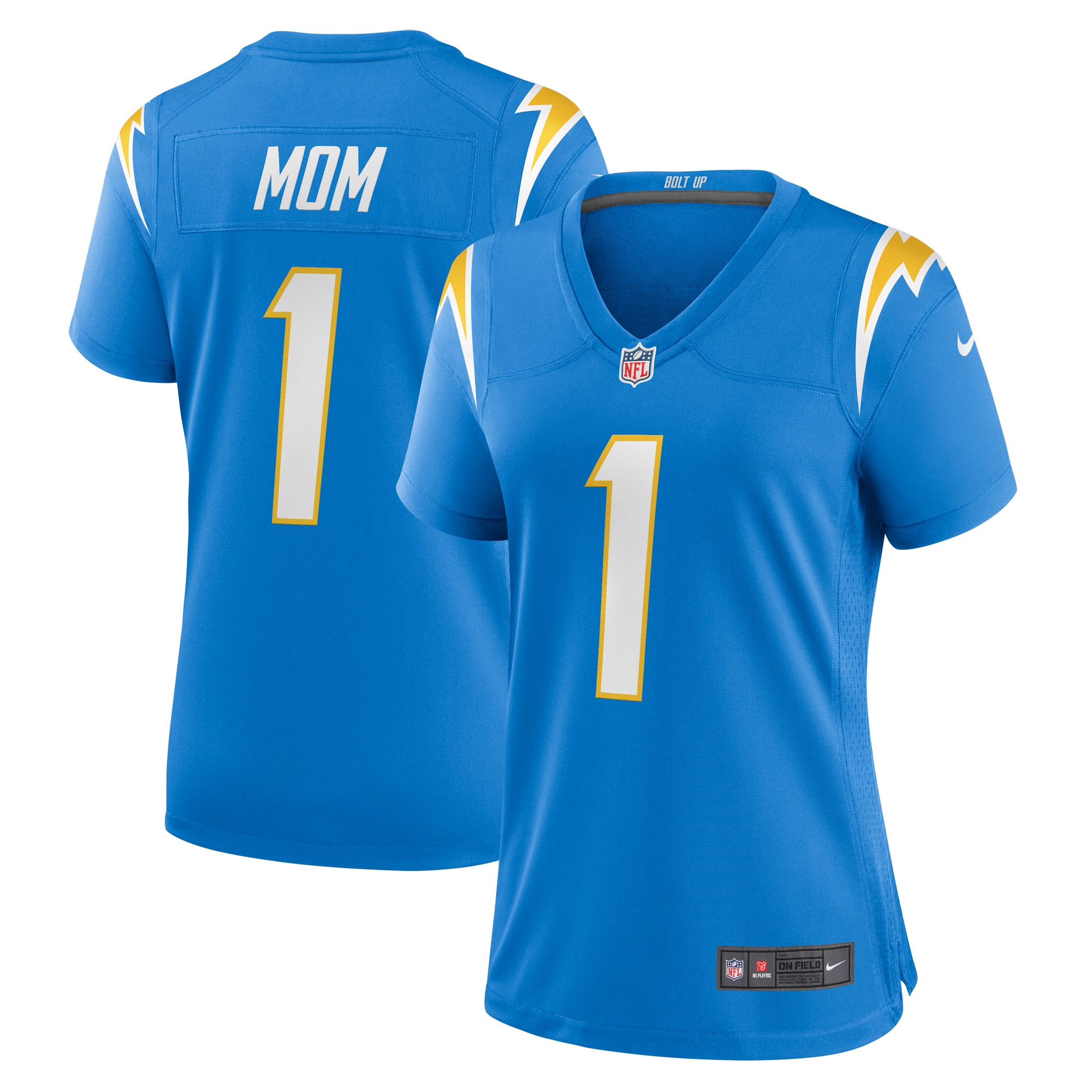 Women's Los Angeles Chargers Number 1 Mom Powder Blue Game Jersey Js4299