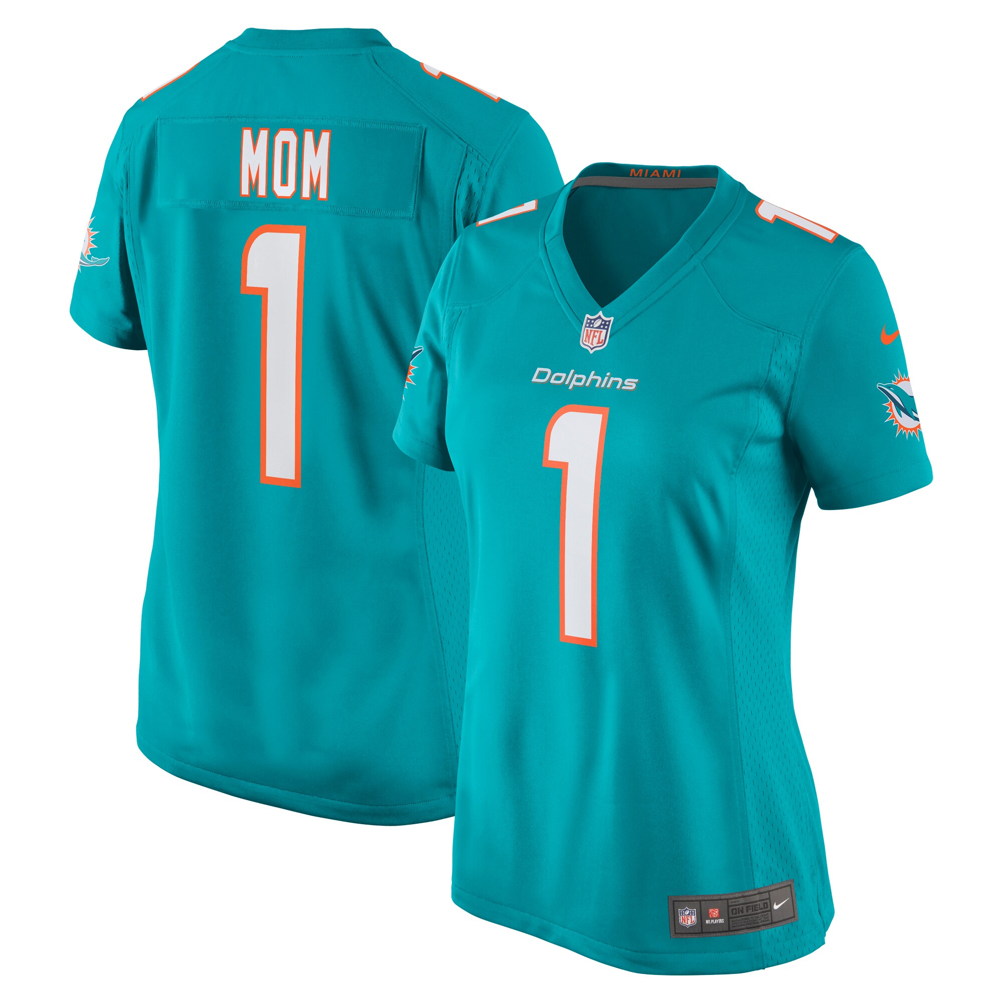 Women's Miami Dolphins Number 1 Mom Aqua Game Jersey Js4305