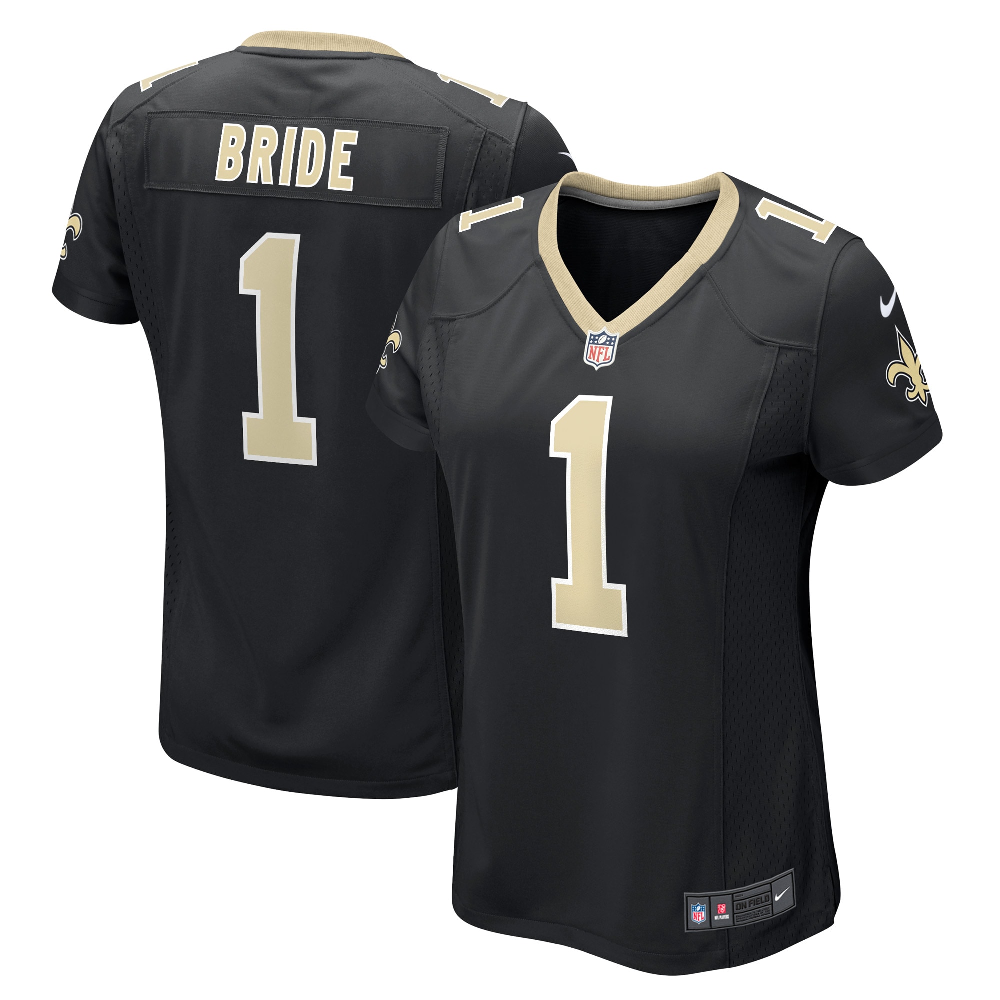 Women's New Orleans Saints Number 1 Bride Black Game Jersey Js7664