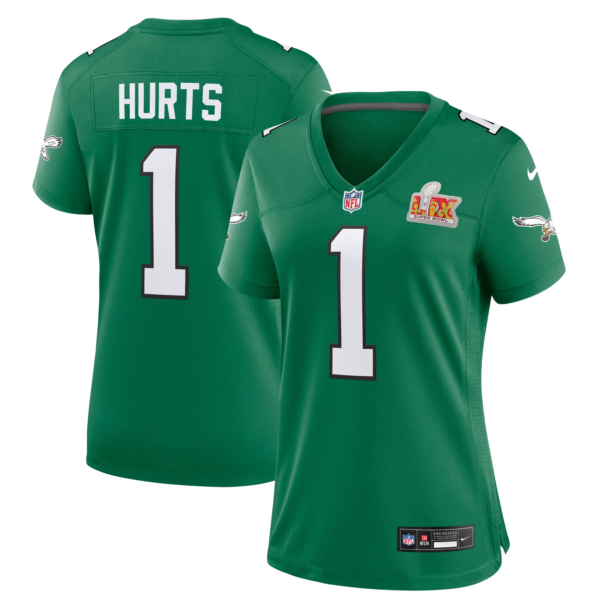 Women's Philadelphia Eagles Jalen Hurts Kelly Green Super Bowl Lix 2nd Alternate Game Jersey Js1354