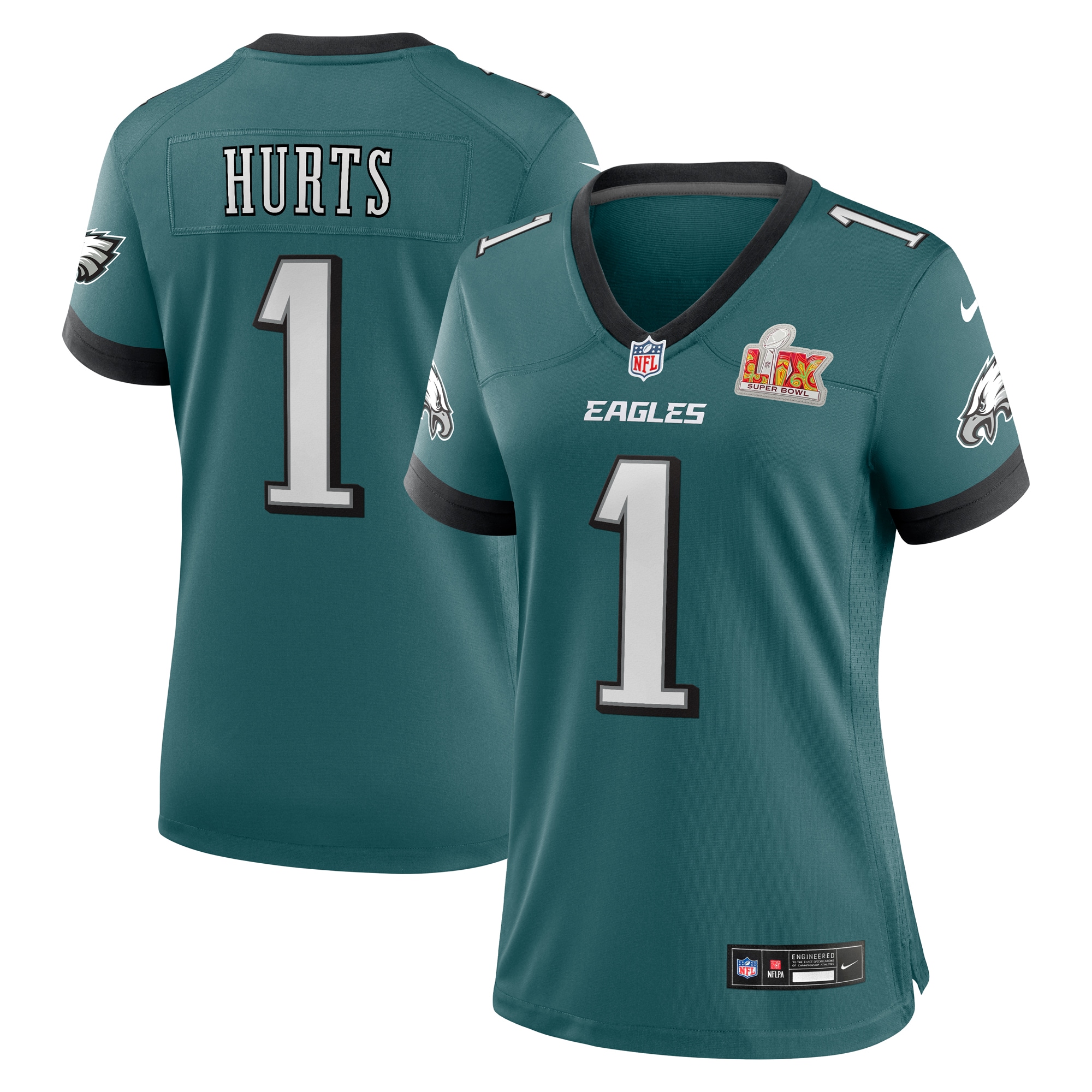 Women's Philadelphia Eagles Jalen Hurts Midnight Green Super Bowl Lix Game Player Jersey Js6585