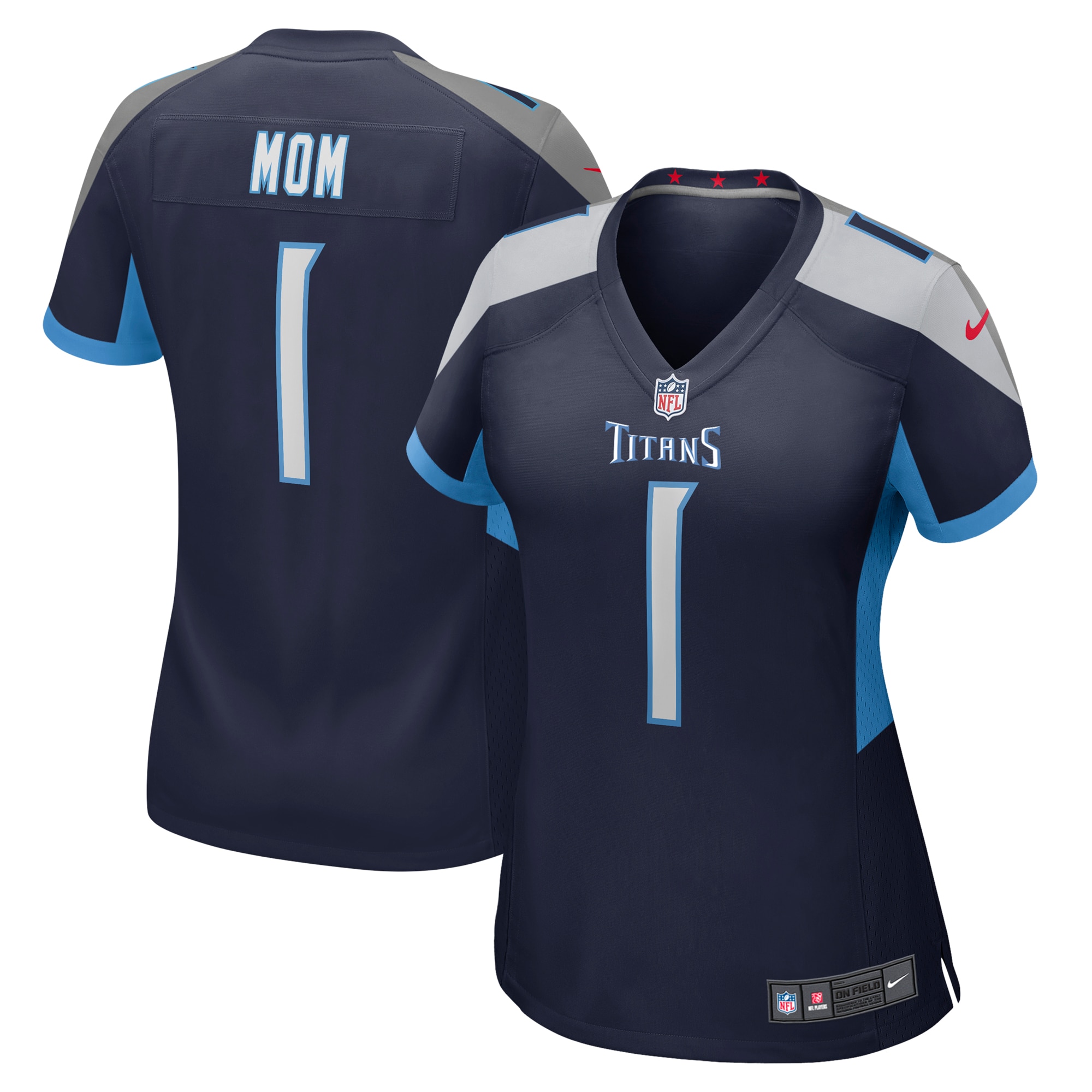 Women's Tennessee Titans Number 1 Mom Navy Game Jersey Js3268