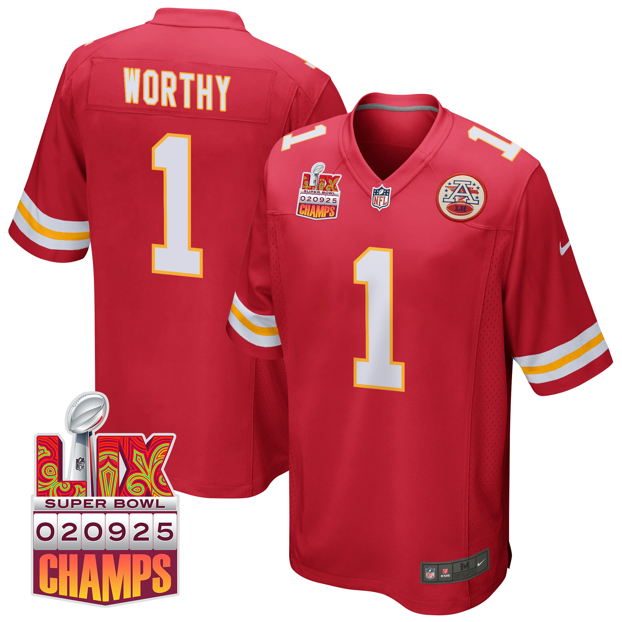 Xavier Worthy 1 Kansas City Chiefs Super Bowl Lix Champions Patch Game Men Jersey - Red Js3465