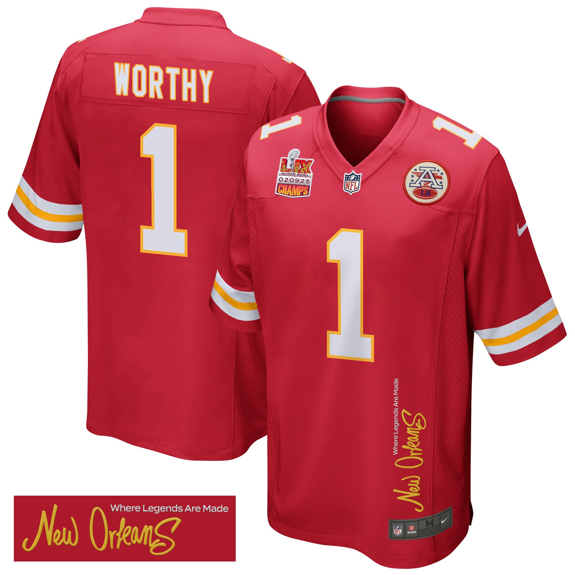 Xavier Worthy 1 Kansas City Chiefs Super Bowl Lix Champions Patch 'new Orleans - Where Legends Are Made' Embroidered Game Men Jersey - Red Js7718