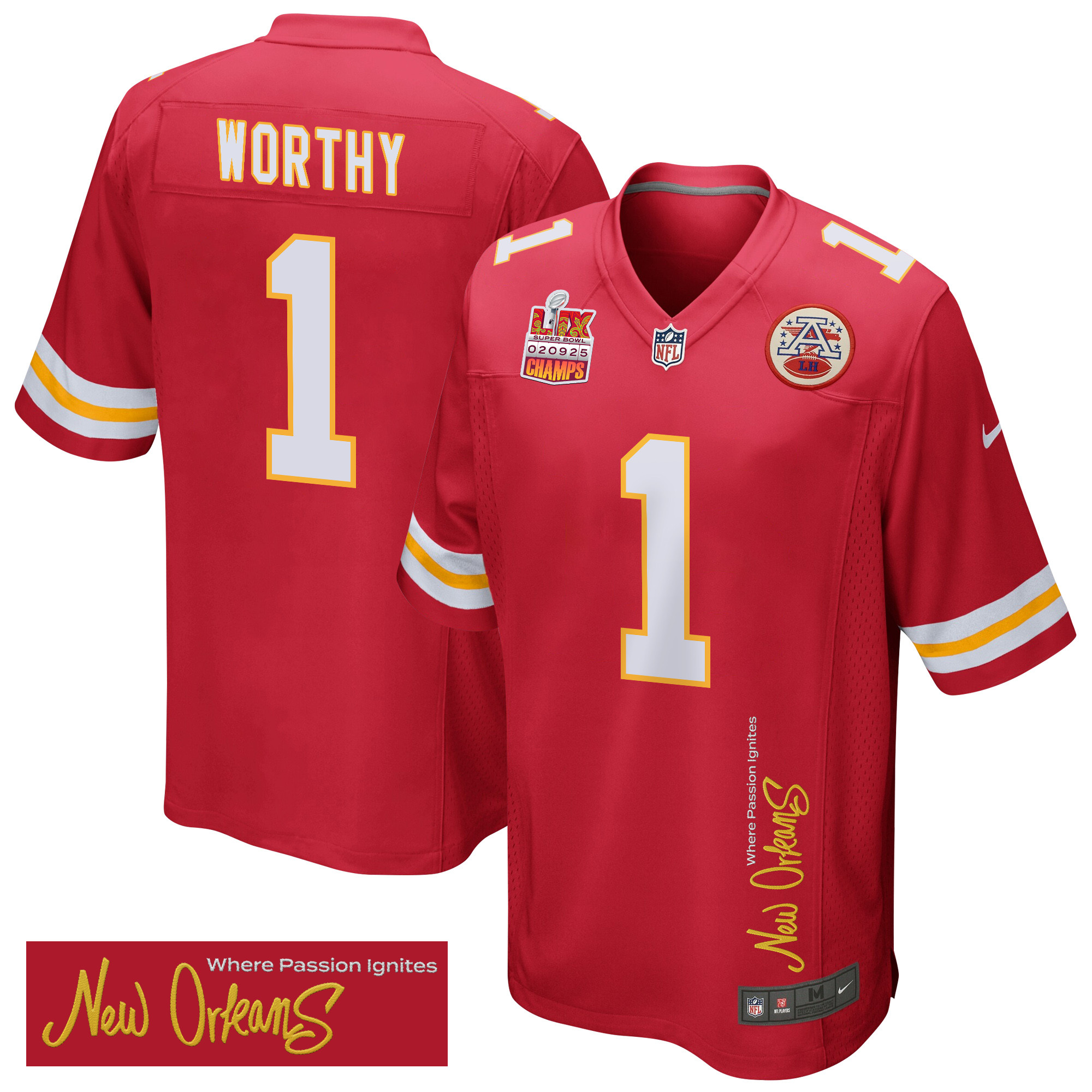 Xavier Worthy 1 Kansas City Chiefs Super Bowl Lix Champions Patch 'new Orleans - Where Passion Ignites' Embroidered Game Men Jersey - Red Js8213