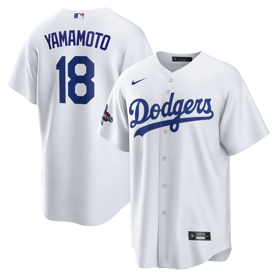 Yoshinobu Yamamoto 18 Los Angeles Dodgers 2024 World Series Champions Home Men Player Jersey - White