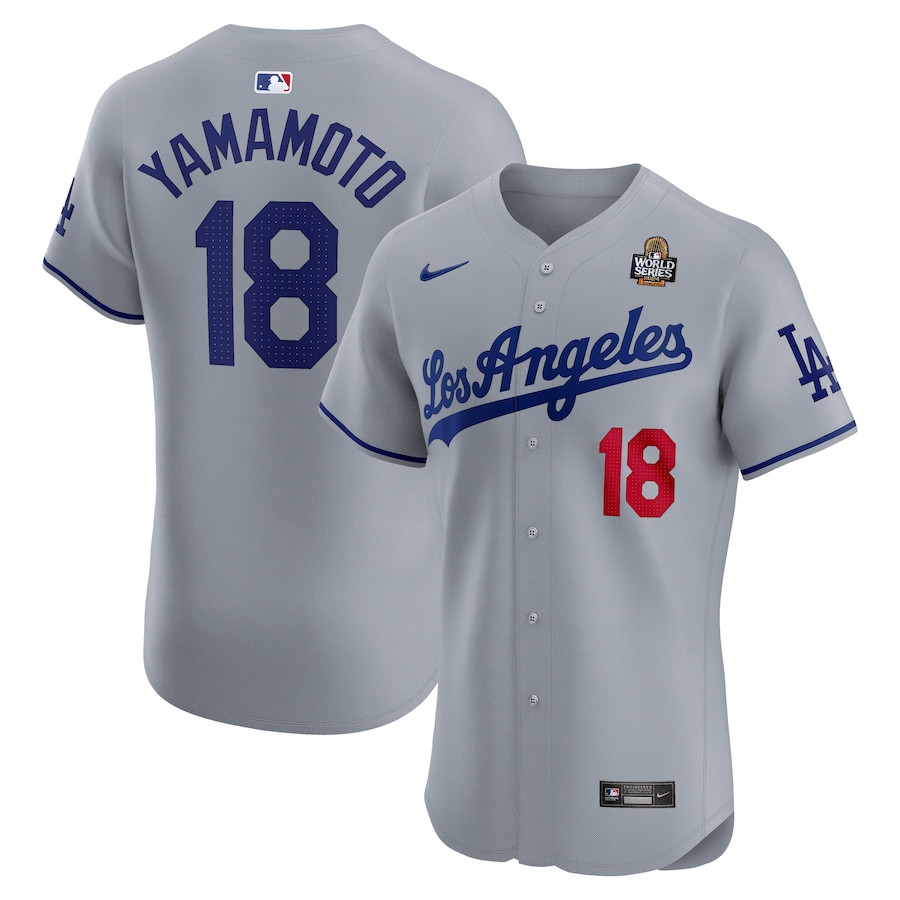 Yoshinobu Yamamoto 18 Los Angeles Dodgers 2024 World Series Road Elite Player Men Jersey - Gray