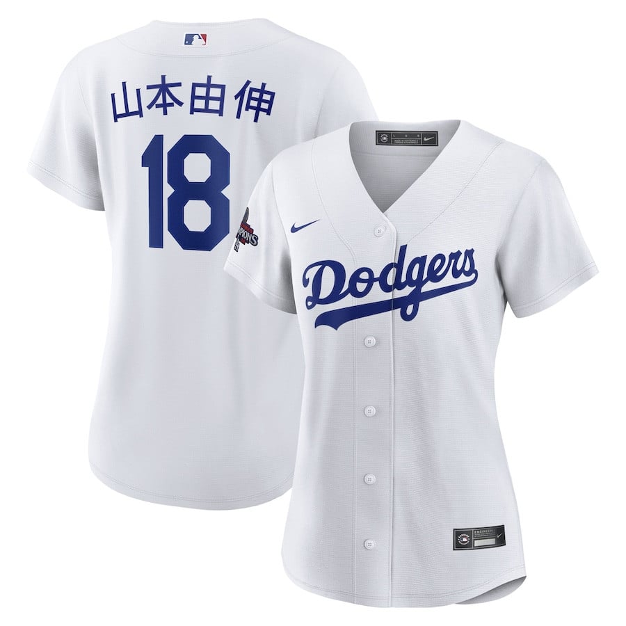 Yoshinobu Yamamoto 18 Los Angeles Dodgers Women's 2024 World Series Champions Home Japanese Characters Player Jersey - White