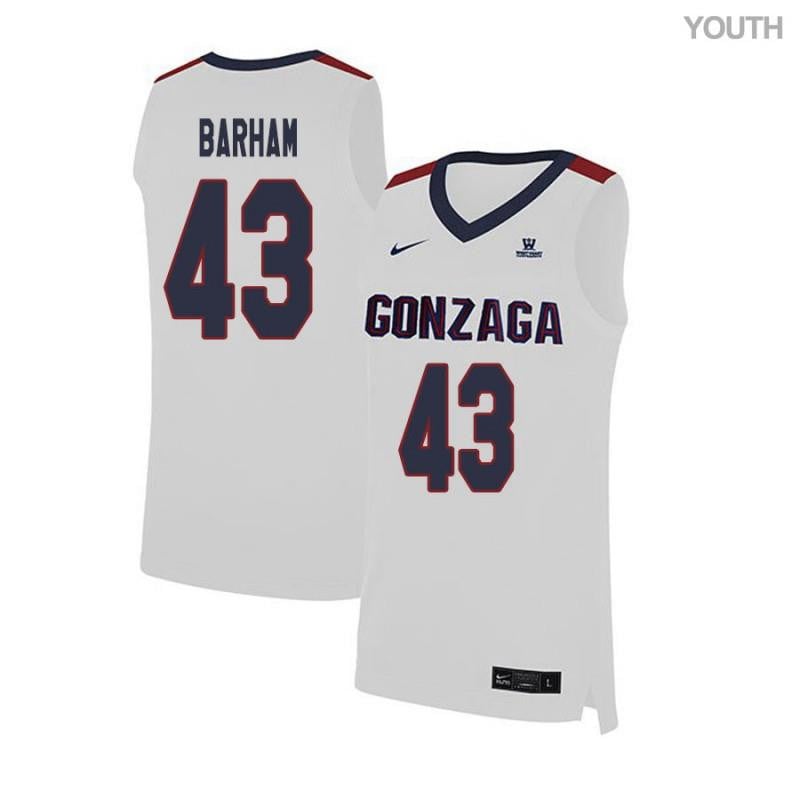 Youth 43 Drew Barham White Elite Gonzaga Bulldogs Basketball Jersey