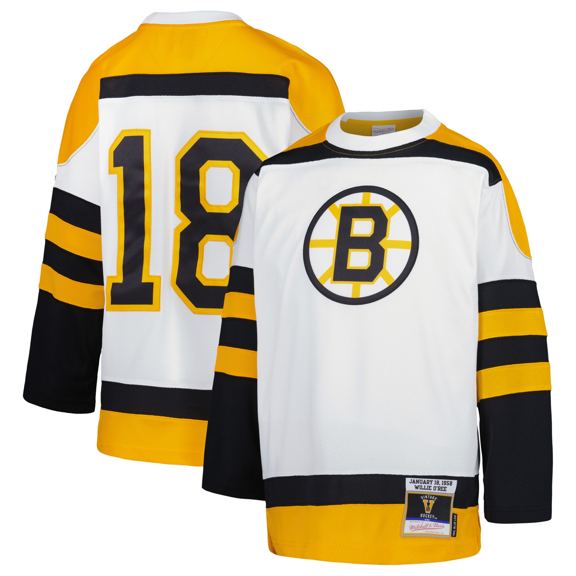 Youth Boston Bruins Willie O'ree Mitchell & Ness White 1958 Blue Line Player Jersey