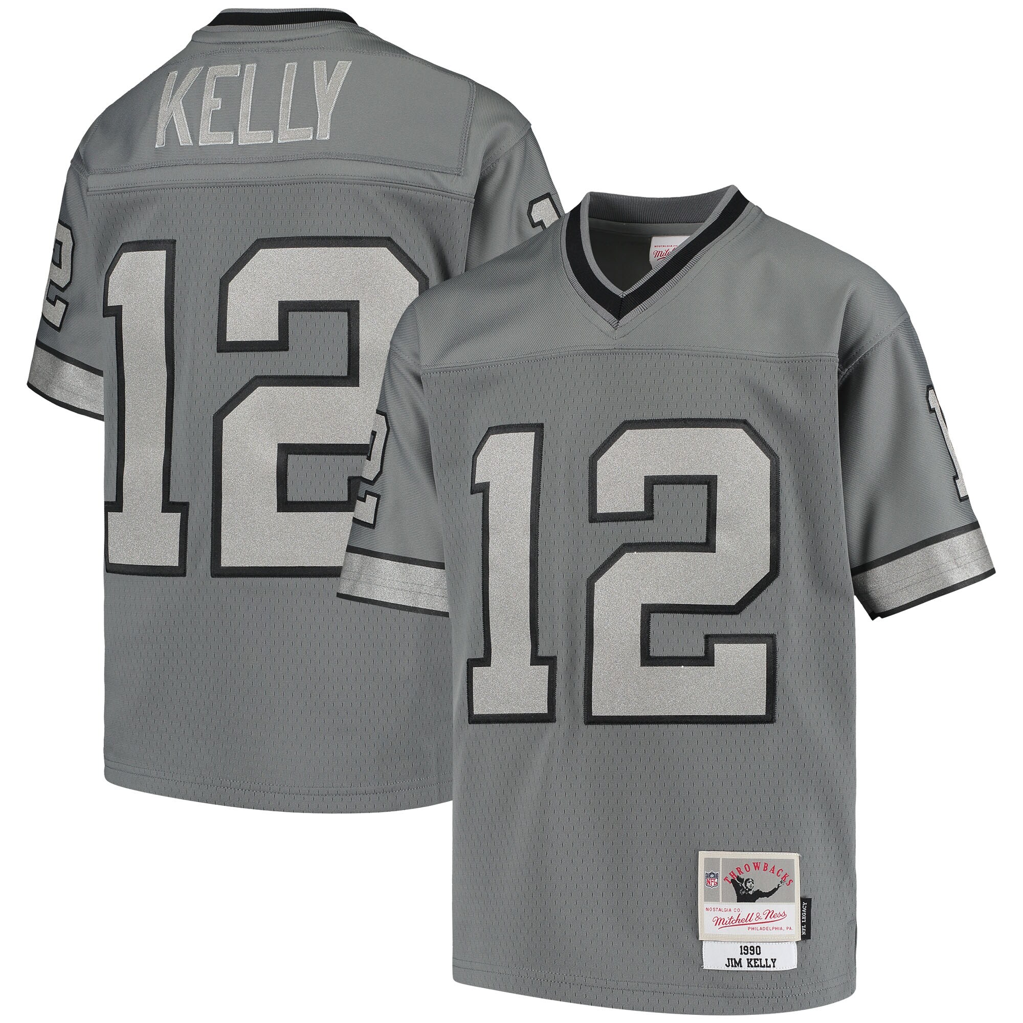 Youth Buffalo Bills Jim Kelly Mitchell & Ness Charcoal 1990 Retired Player Metal Jersey Js4294