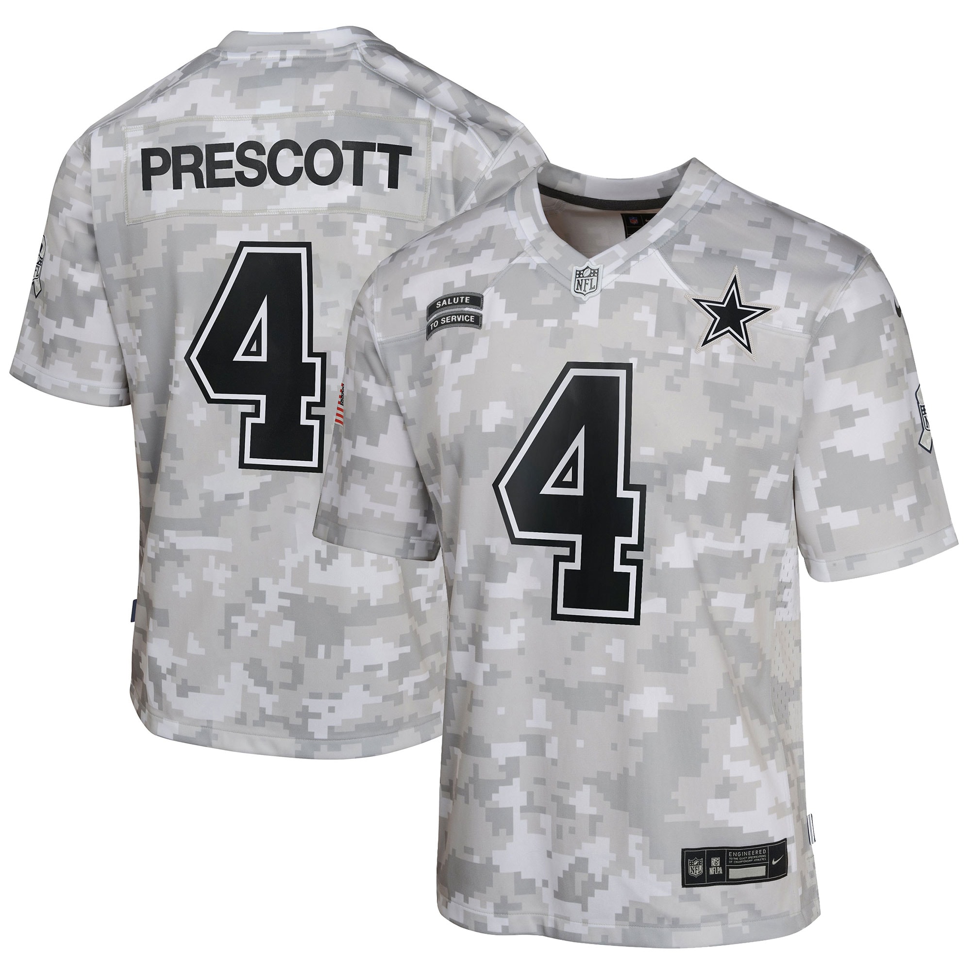 Youth Dallas Cowboys Dak Prescott Arctic Camo 2024 Salute To Service Game Jersey Js6933