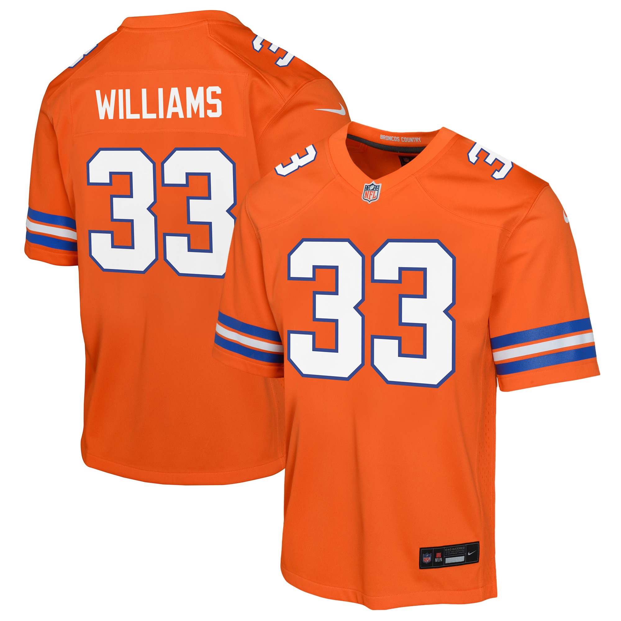 Youth Denver Broncos Javonte Williams Orange Mile High Collection 1977 Throwback Game Jersey Js1702
