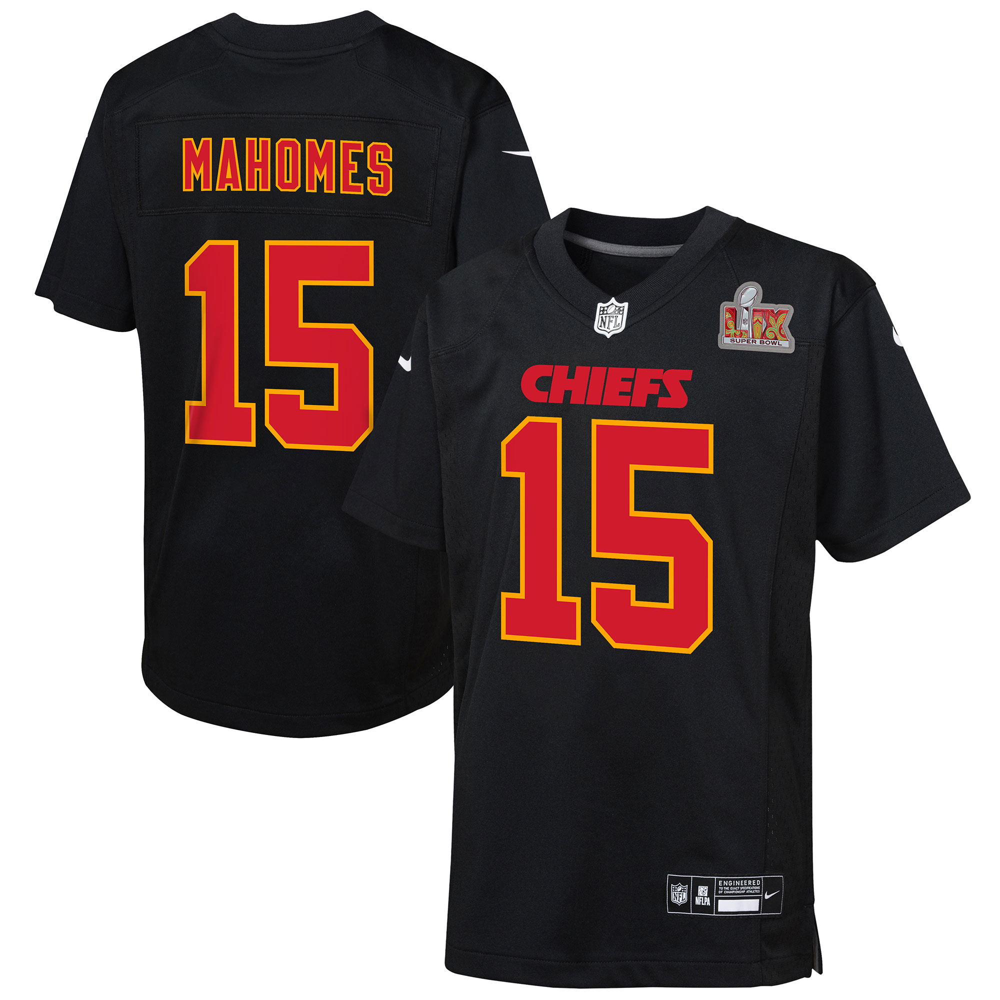 Youth Kansas City Chiefs Patrick Mahomes Carbon Black Super Bowl Lix Patch Fashion Game Jersey Js9045