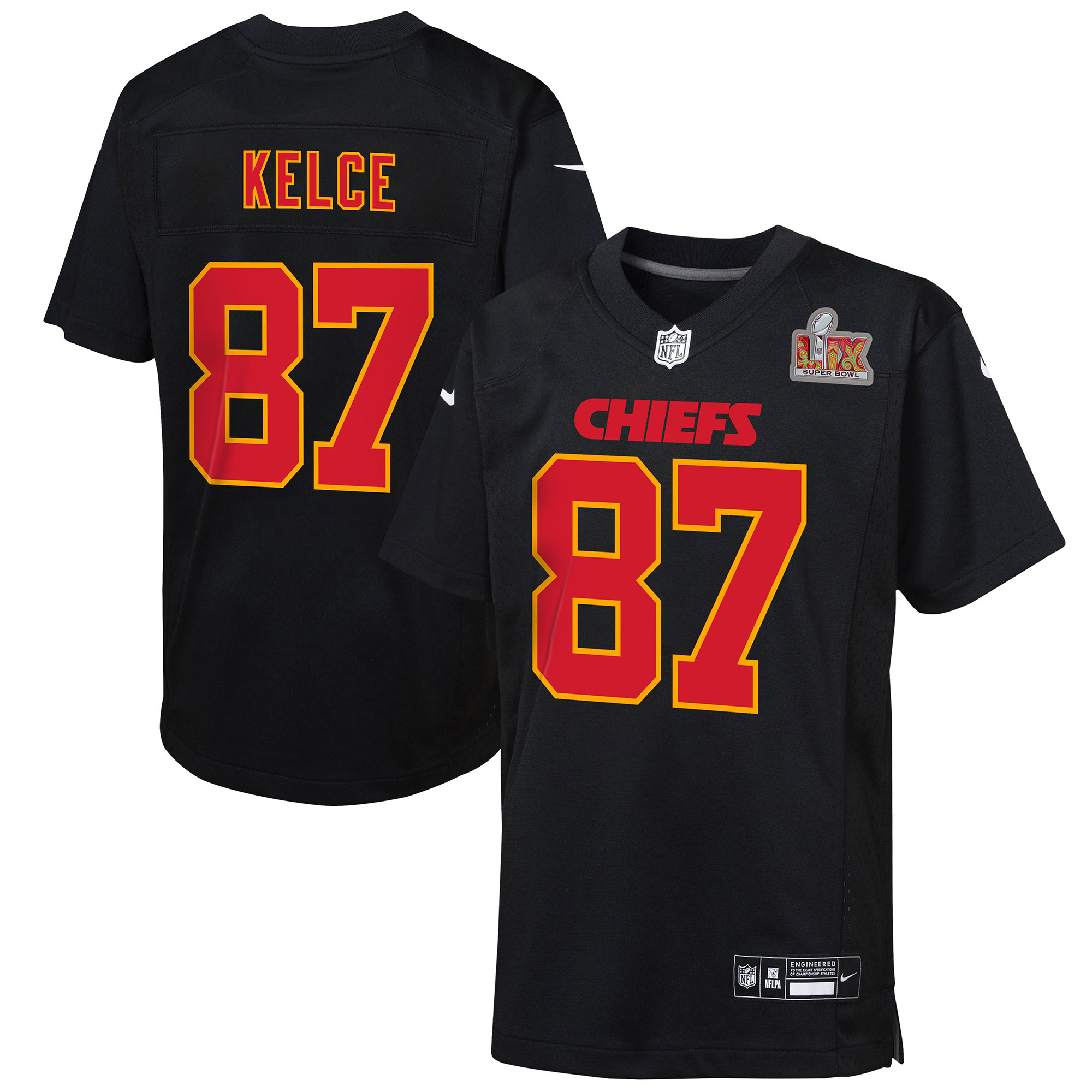 Youth Kansas City Chiefs Travis Kelce Carbon Black Super Bowl Lix Patch Fashion Game Jersey Js7309