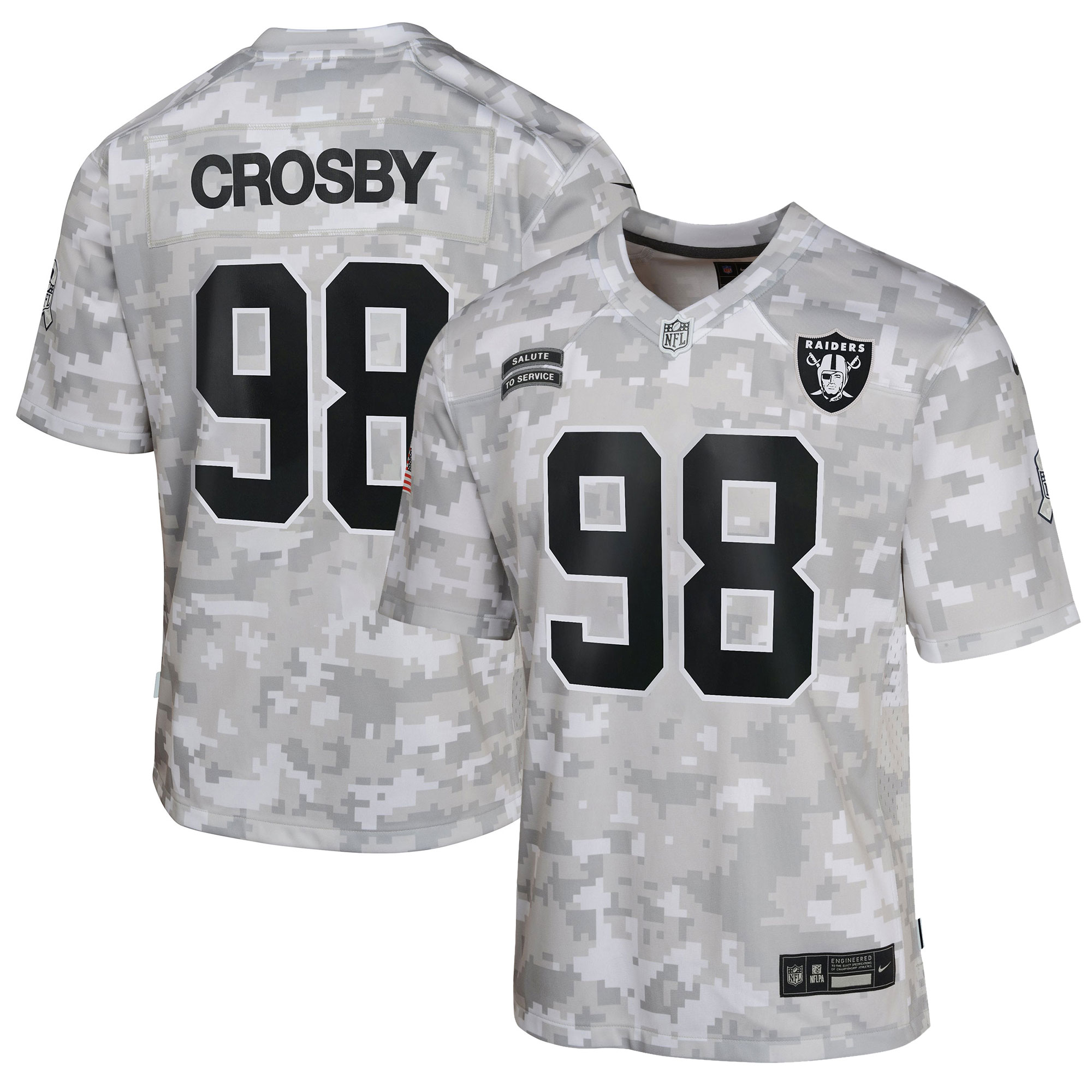 Youth Las Vegas Raiders Maxx Crosby Arctic Camo 2024 Salute To Service Game Jersey Js1839