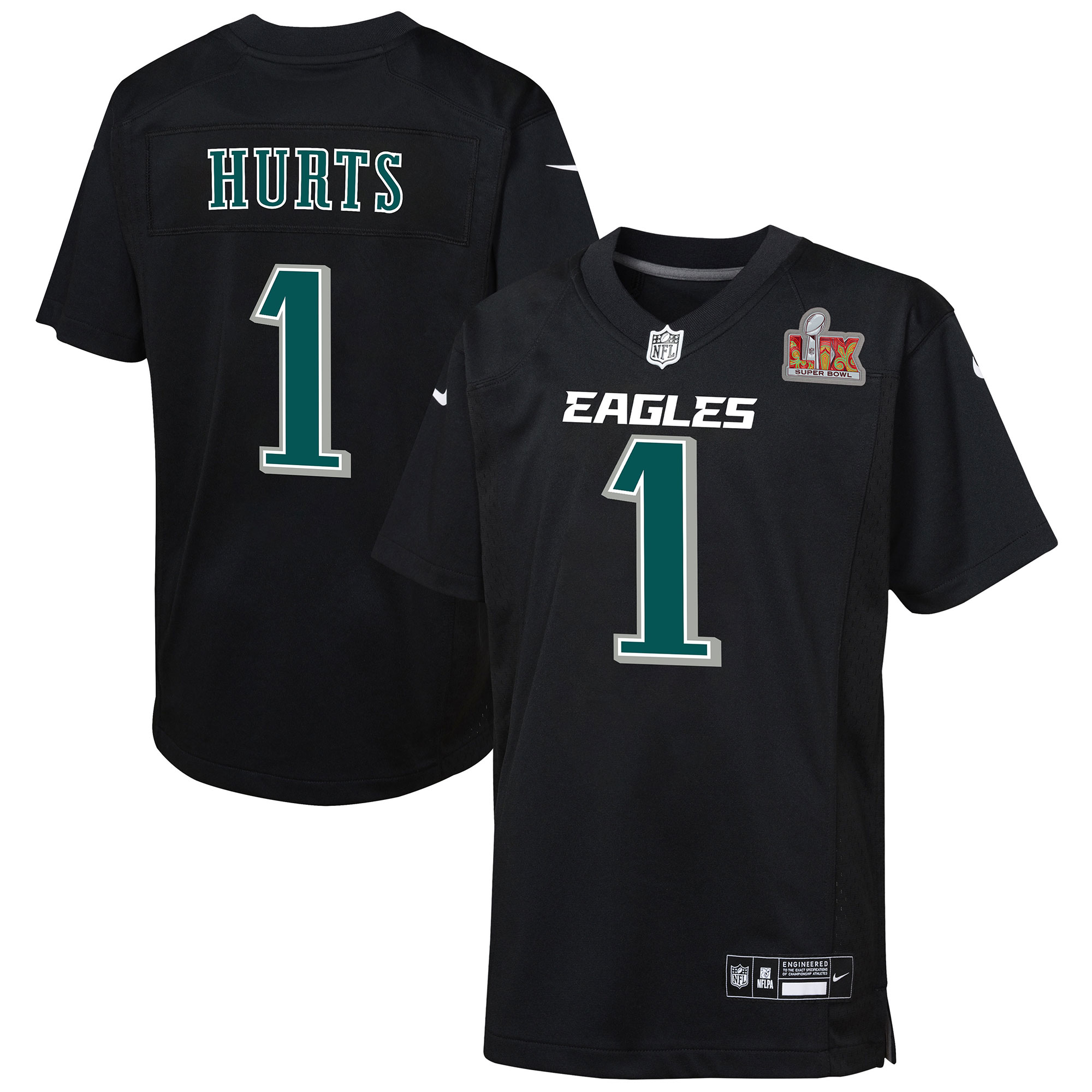 Youth Philadelphia Eagles Jalen Hurts Carbon Black Super Bowl Lix Patch Fashion Game Player Jersey Js8361