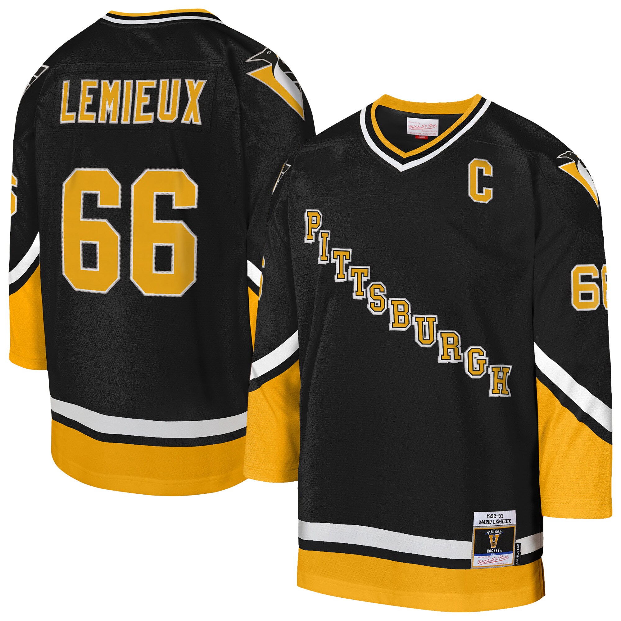 Youth Pittsburgh Penguins Mario Lemieux Mitchell & Ness Gold 1992/93 Captain Patch Blue Line Player Jersey